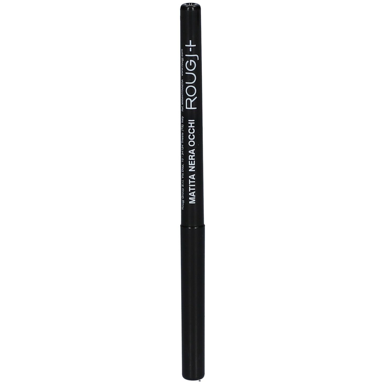 Matita nera occhi con testo bianco. Scritta: MATITA NERA OCCHI, ROUGJ+.