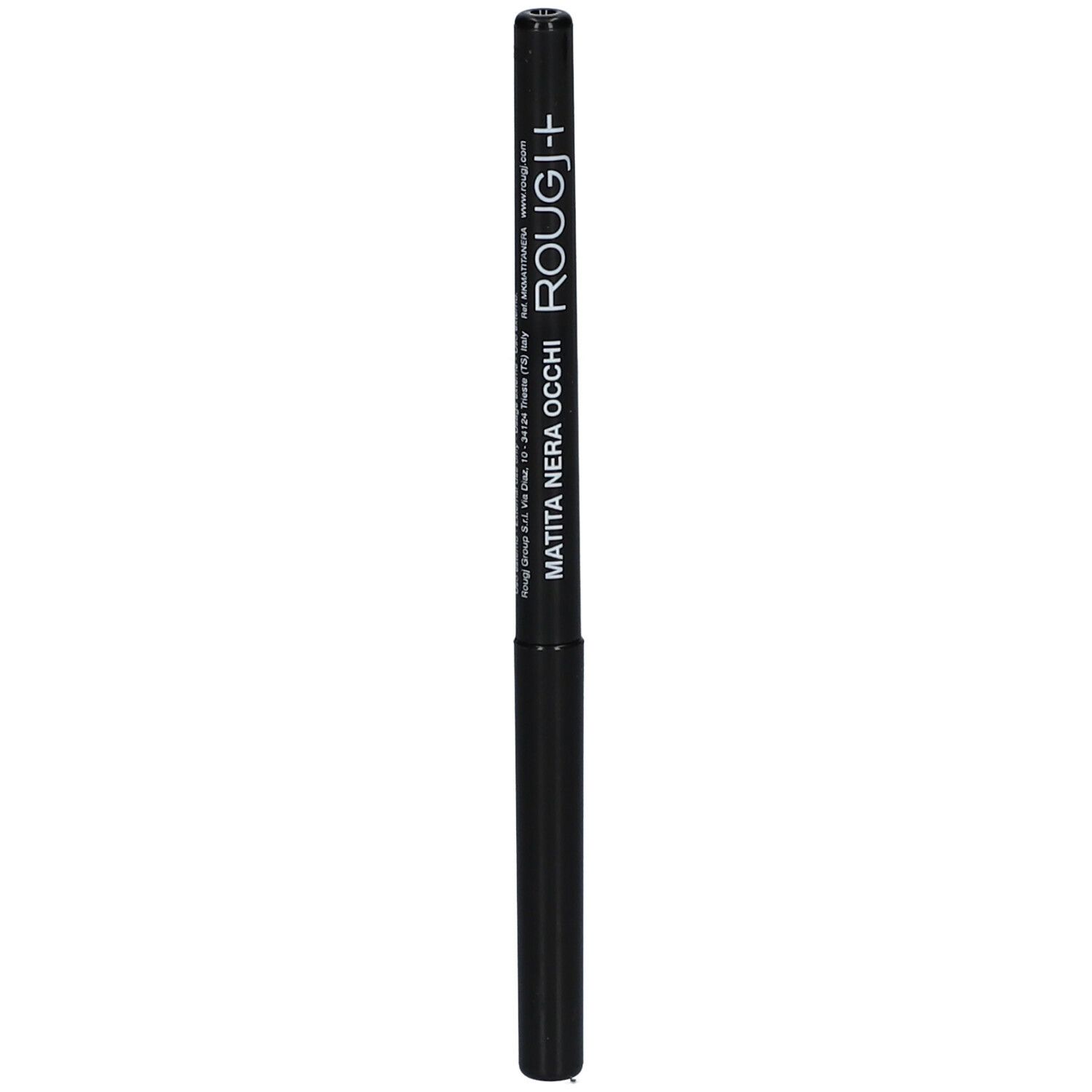 Matita nera occhi con testo bianco. Scritta: MATITA NERA OCCHI, ROUGJ+.