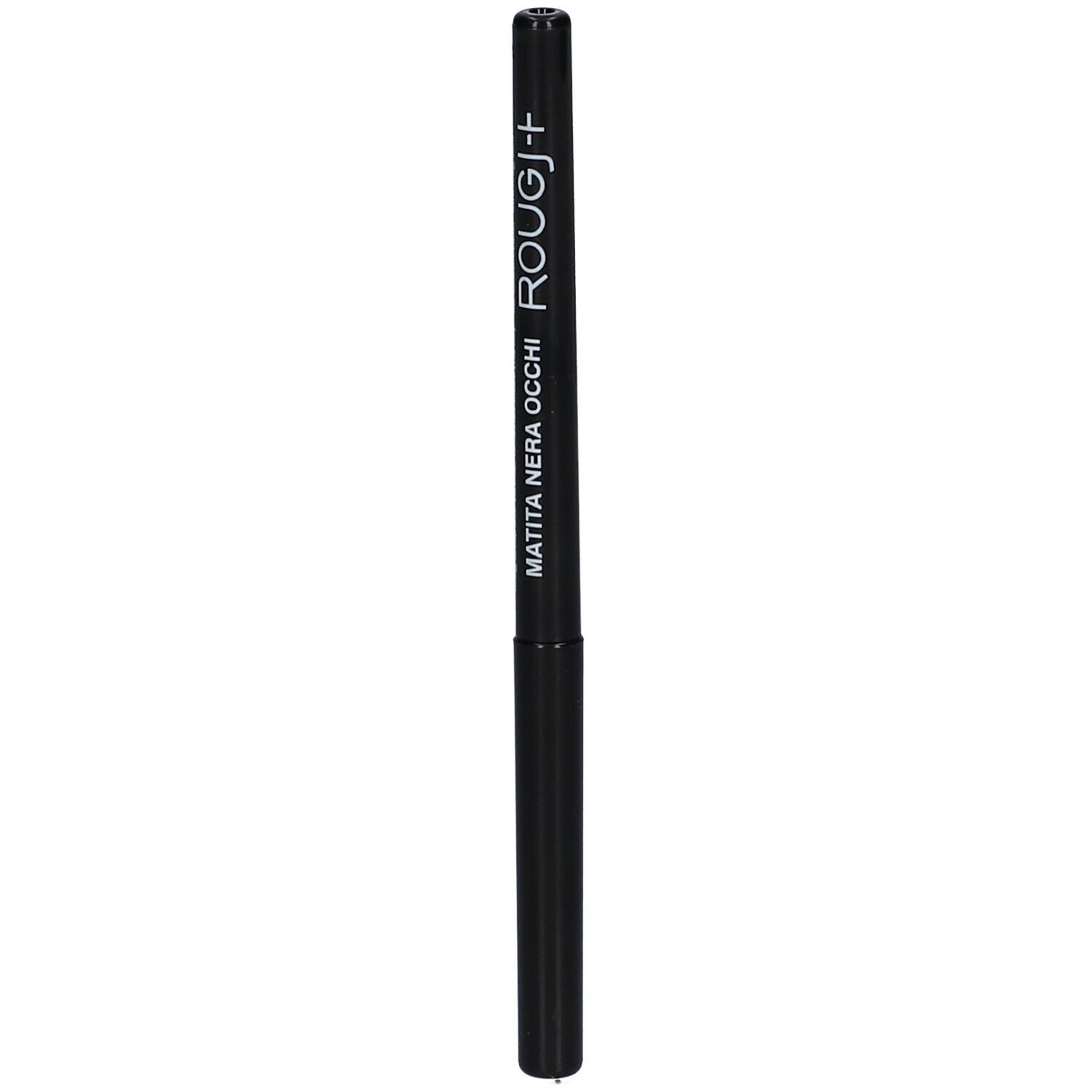 Matita nera occhi con testo bianco. Scritta: MATITA NERA OCCHI, ROUGJ+.