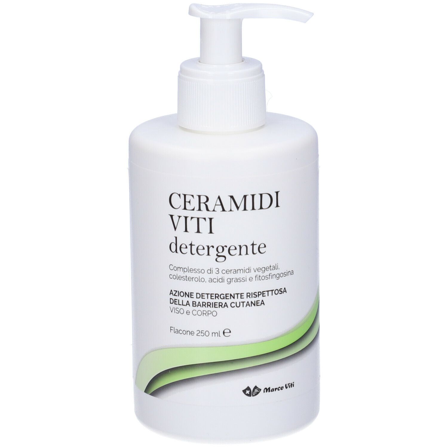 Flacone bianco con dosatore. Scritta: CERAMIDI VITI detergente. Bordo verde. Marchio Marco Viti.