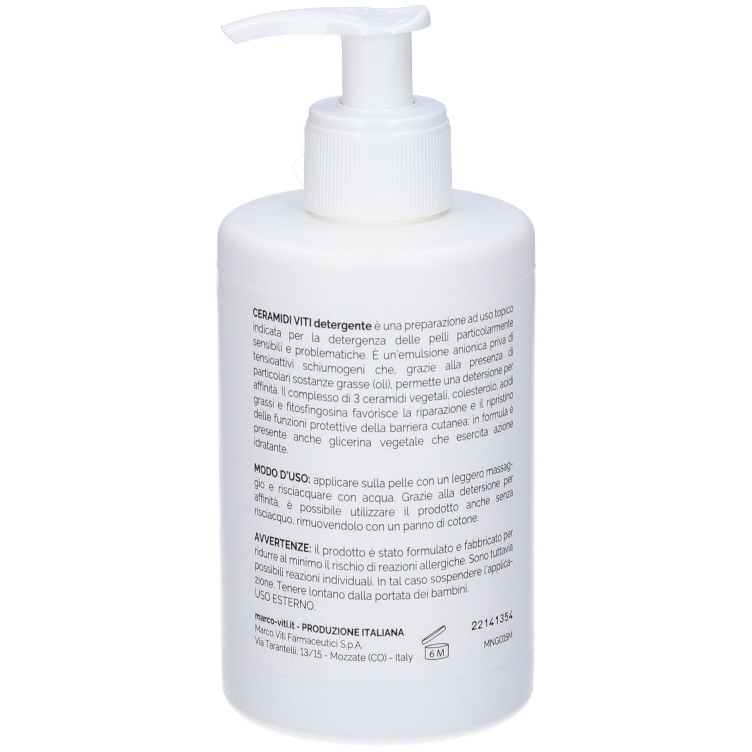 Flacone bianco con dosatore. Testo in italiano. Bordo verde. Marchio Marco Viti.