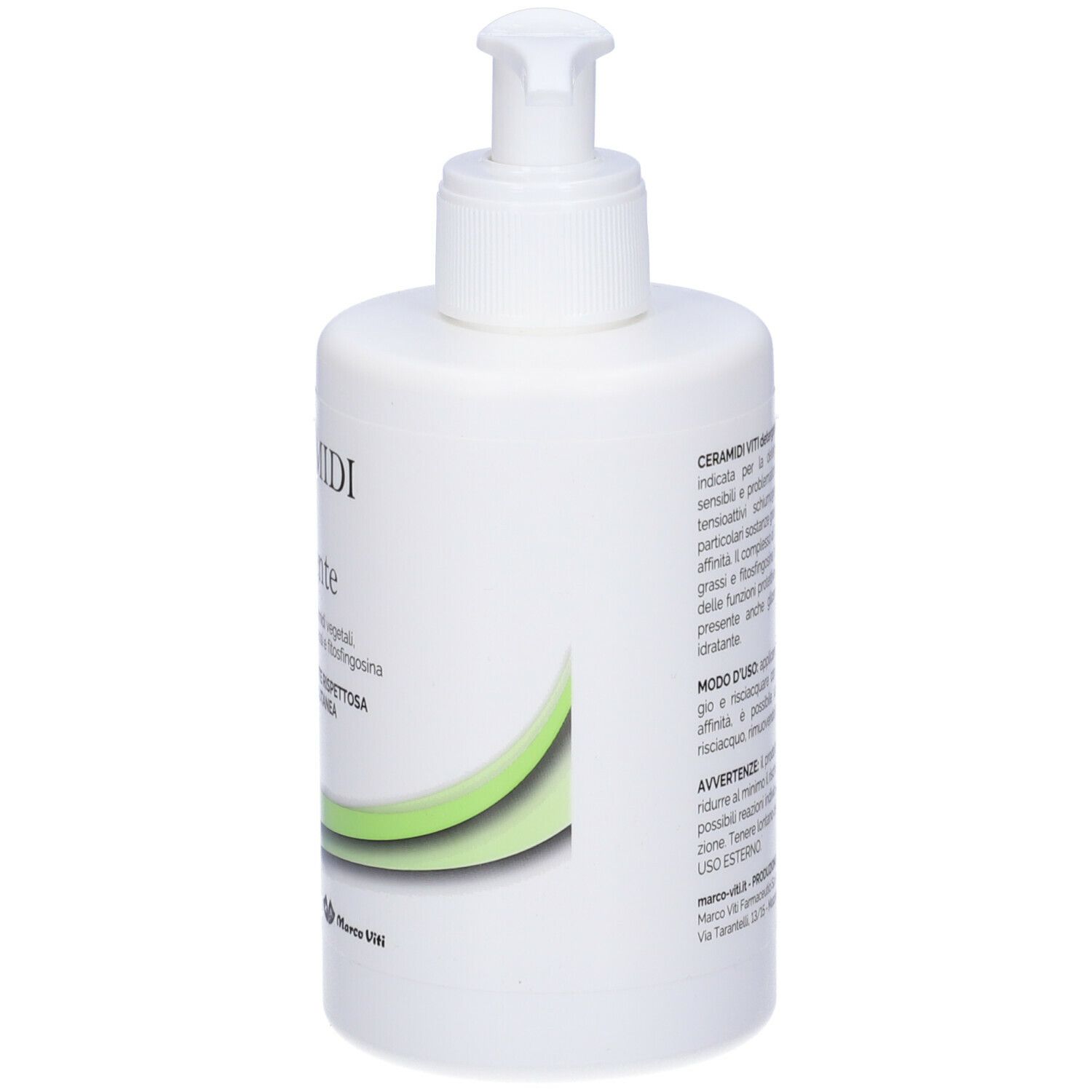 Flacone bianco con dosatore. Testo in italiano. Bordo verde. Marchio Marco Viti.