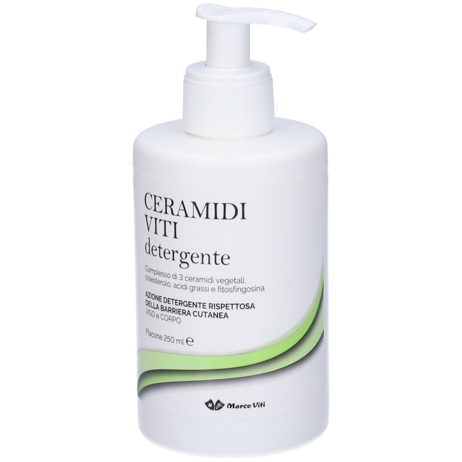 Flacone bianco con dosatore. Scritta: CERAMIDI VITI detergente. Bordo verde. Marchio Marco Viti.