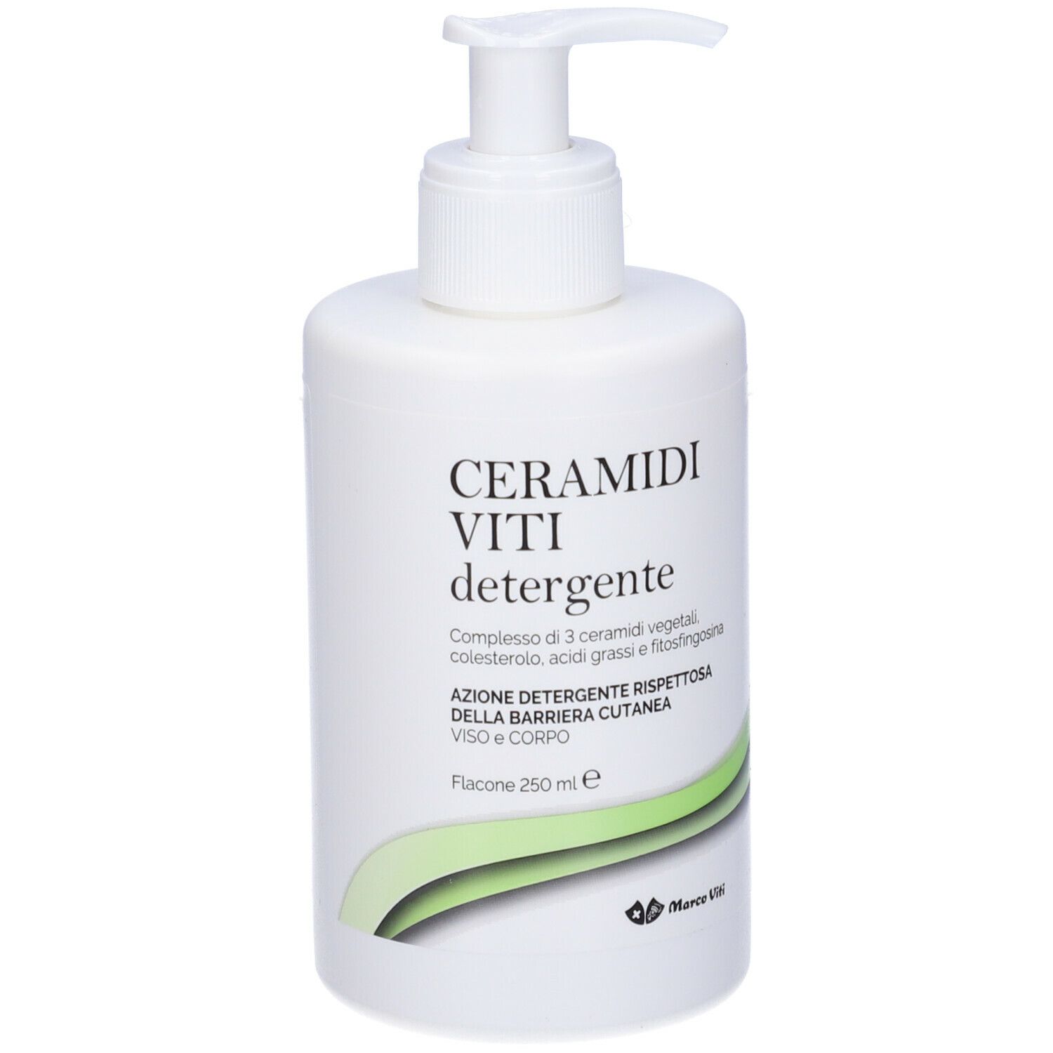 Flacone bianco con dosatore. Scritta: CERAMIDI VITI detergente. Bordo verde. Marchio Marco Viti.