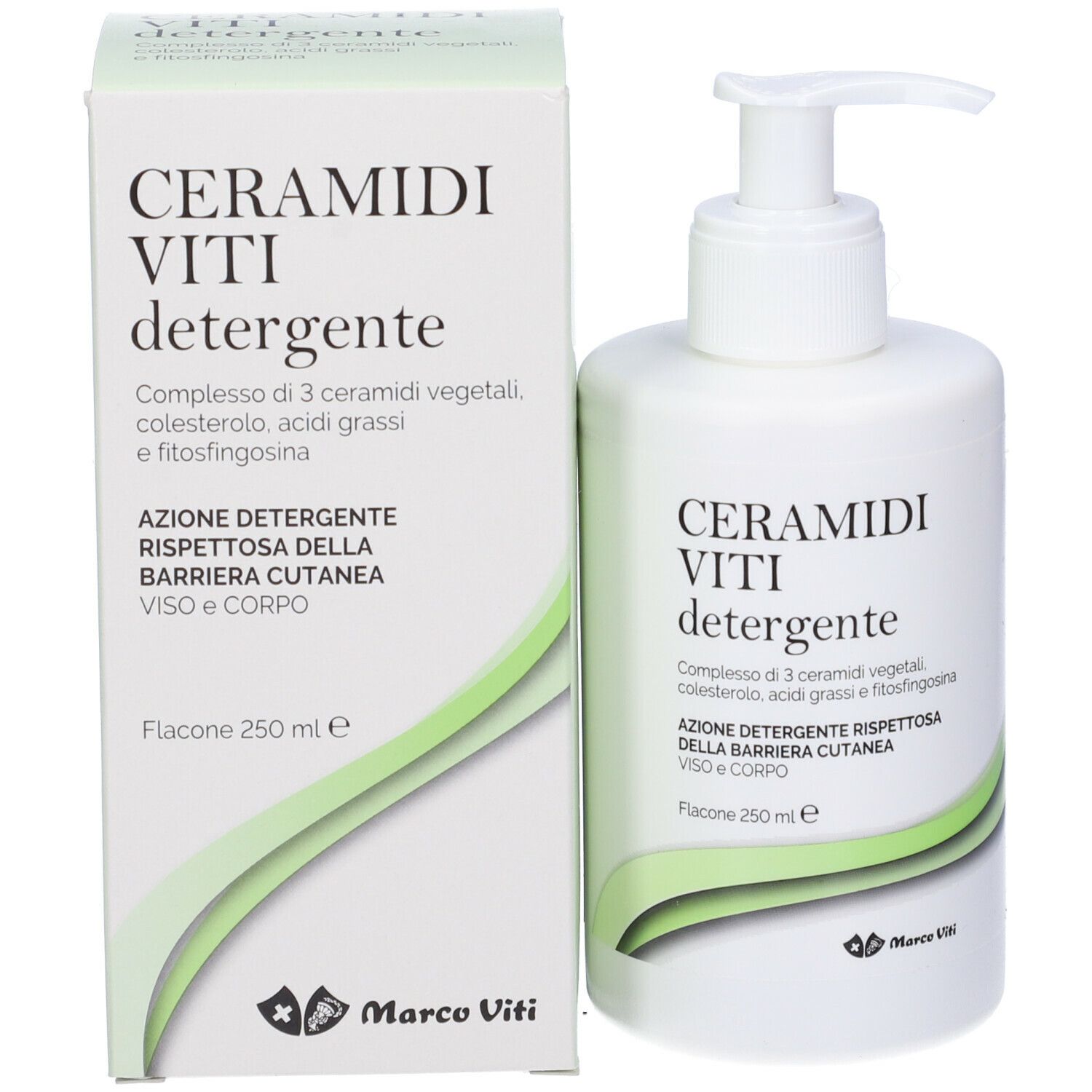 Confezione e flacone. Scritta: CERAMIDI VITI detergente. Bordo verde. Marchio Marco Viti.
