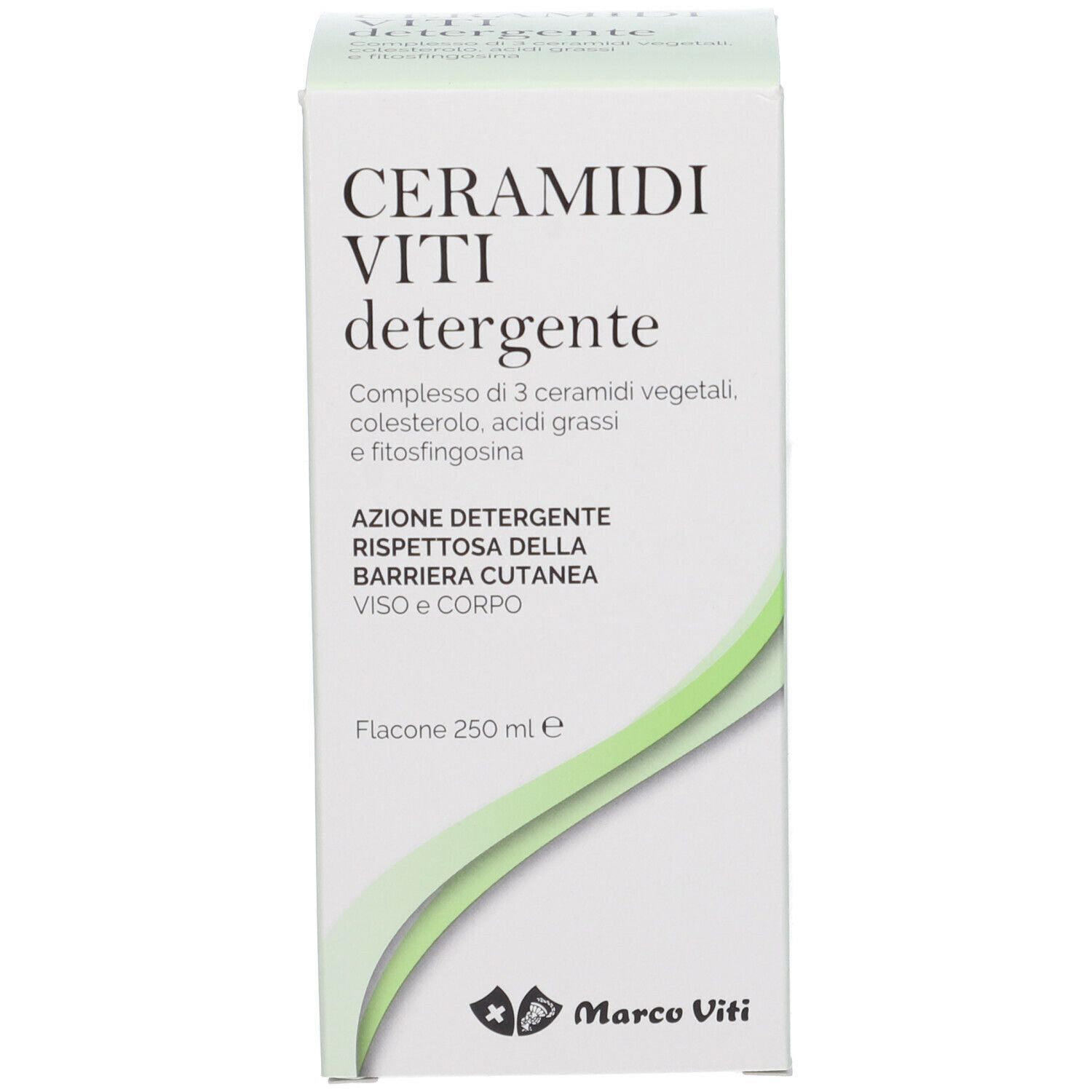 Confezione del prodotto. Scritta: CERAMIDI VITI detergente. Bordo verde. Marchio Marco Viti.