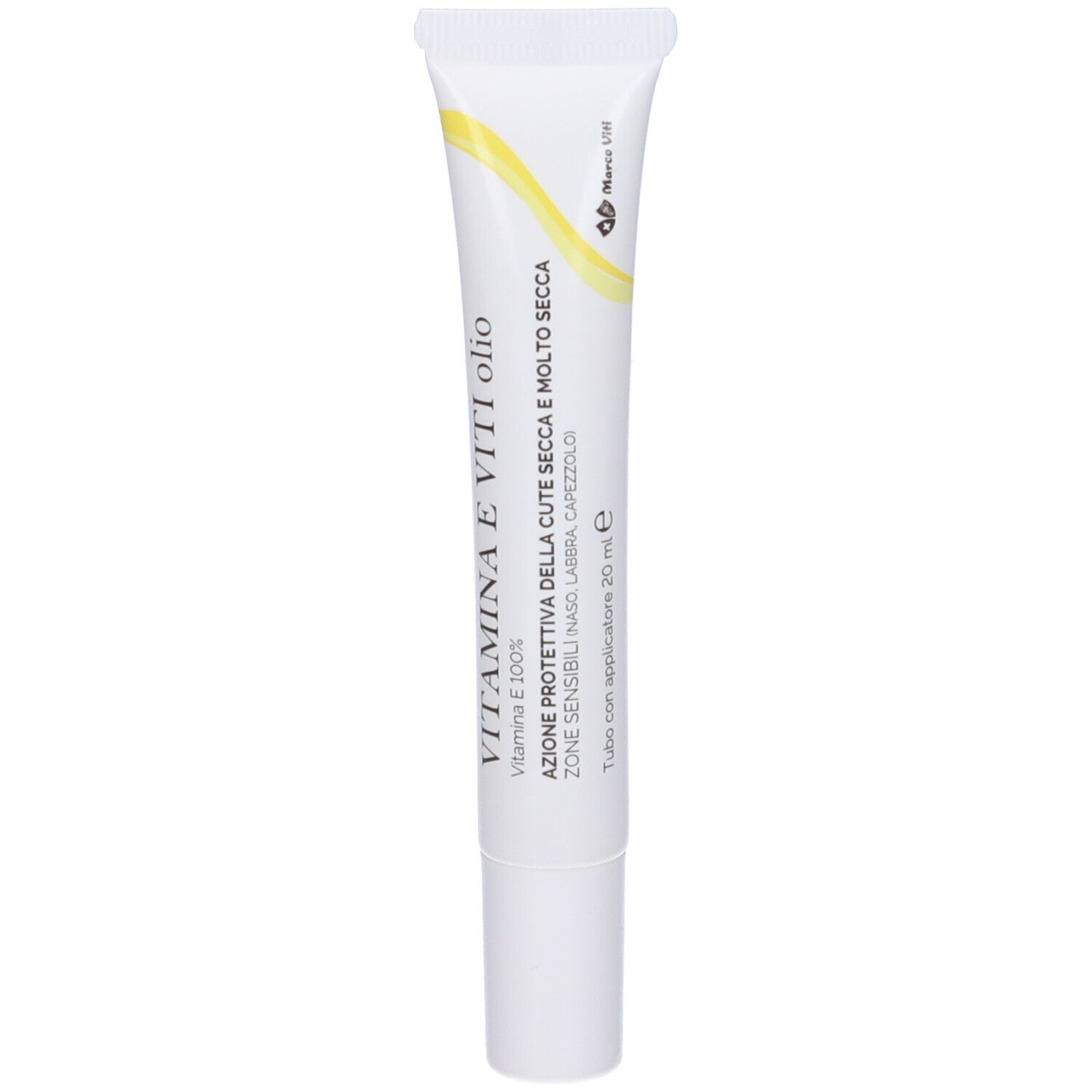 Tubo di crema. Scritta: Vitamina E Viti olio. Confezione gialla e bianca. Con applicatore.