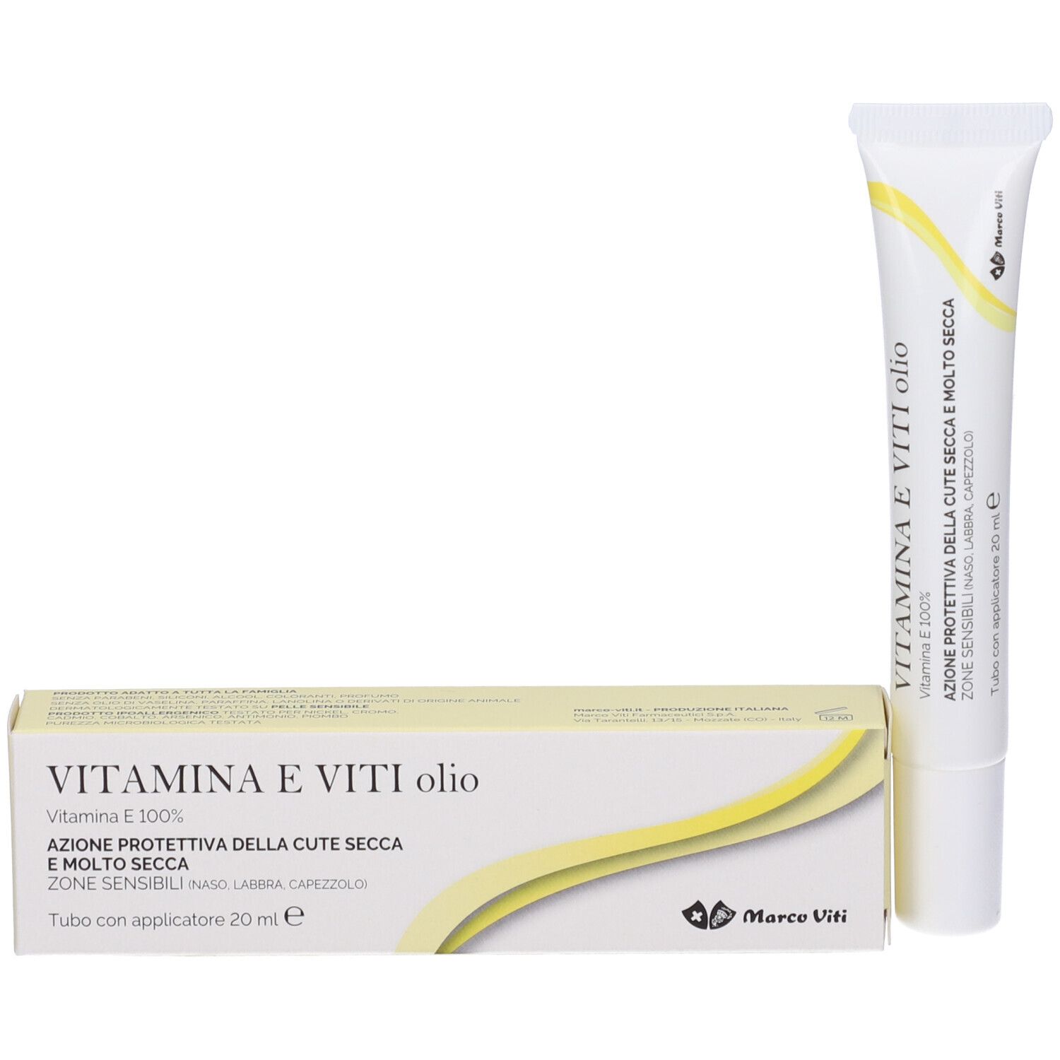 Confezione e tubo del prodotto. Scritta: Vitamina E Viti olio. Confezione gialla e bianca. Con applicatore.