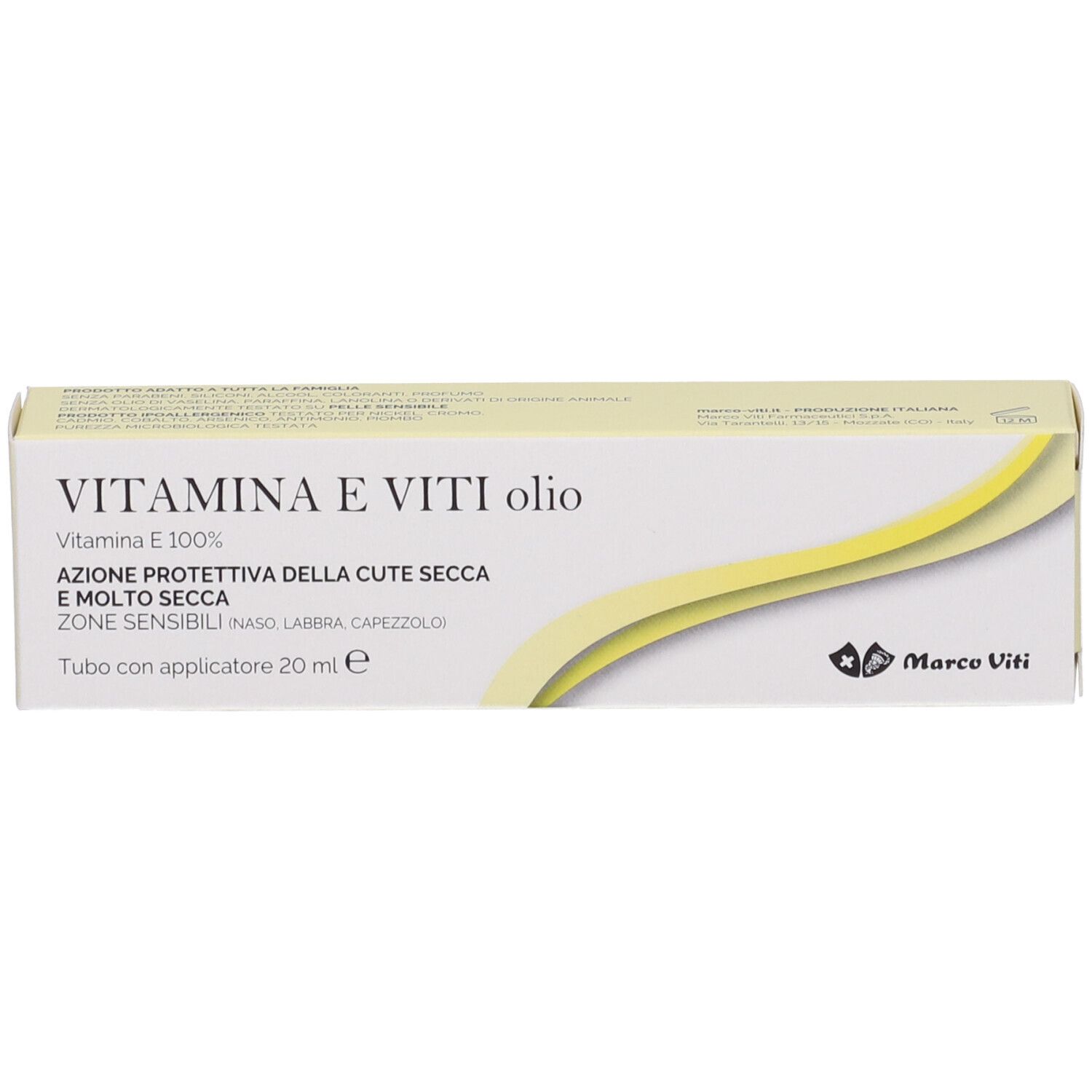 Confezione del prodotto. Scritta: Vitamina E Viti olio. Confezione gialla e bianca. Con applicatore.