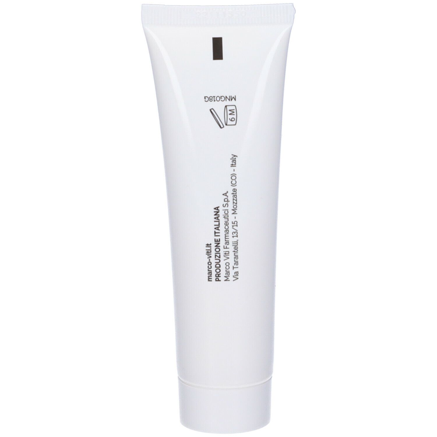 Tubo di crema bianco. Stampa con informazioni: dettagli di produzione, scadenza e indirizzo del produttore.