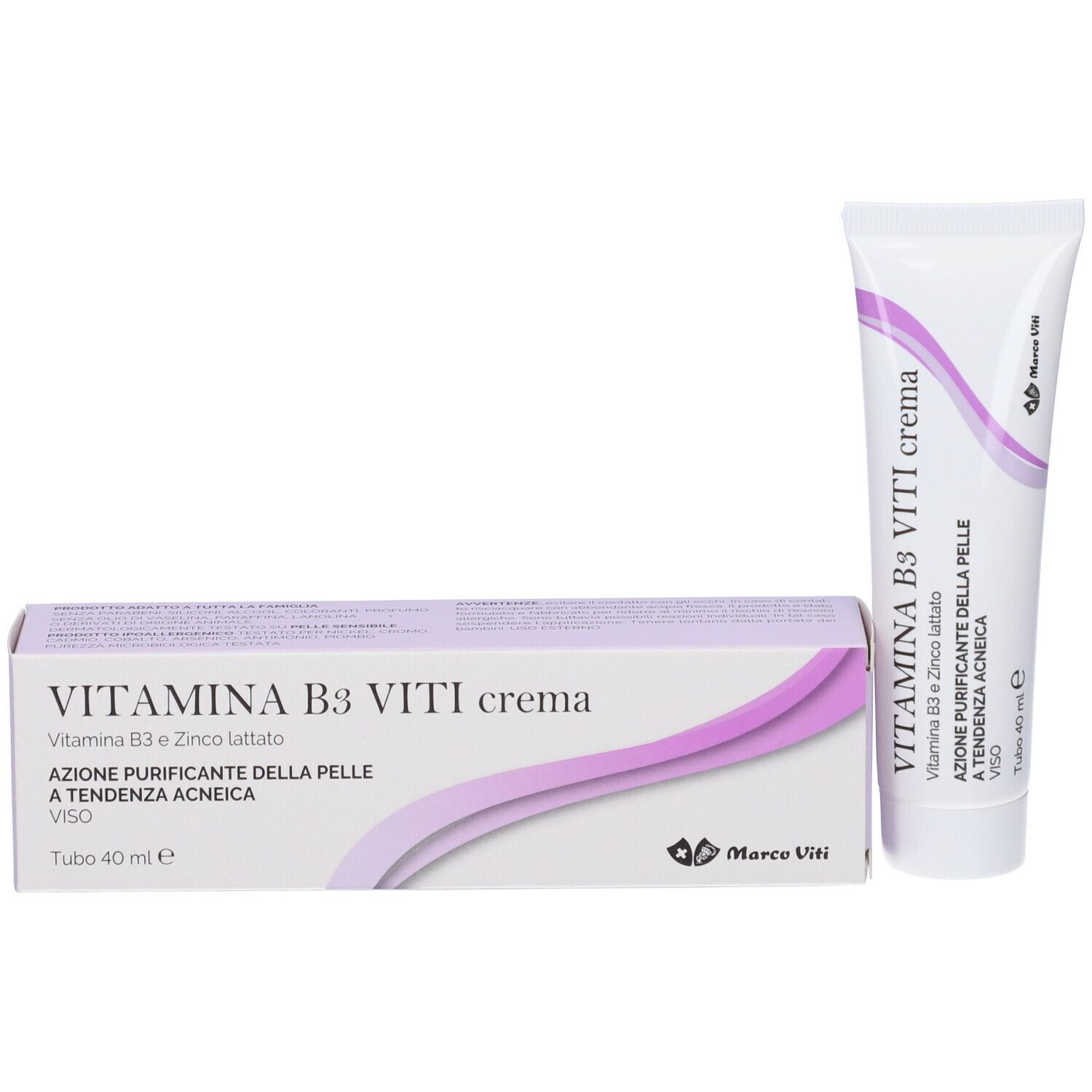 Tubo di crema e scatola. Tubo: bianco con dettagli viola. Scatola: bianca con scritta viola. Nome prodotto: VITAMINA B3 VITI crema.