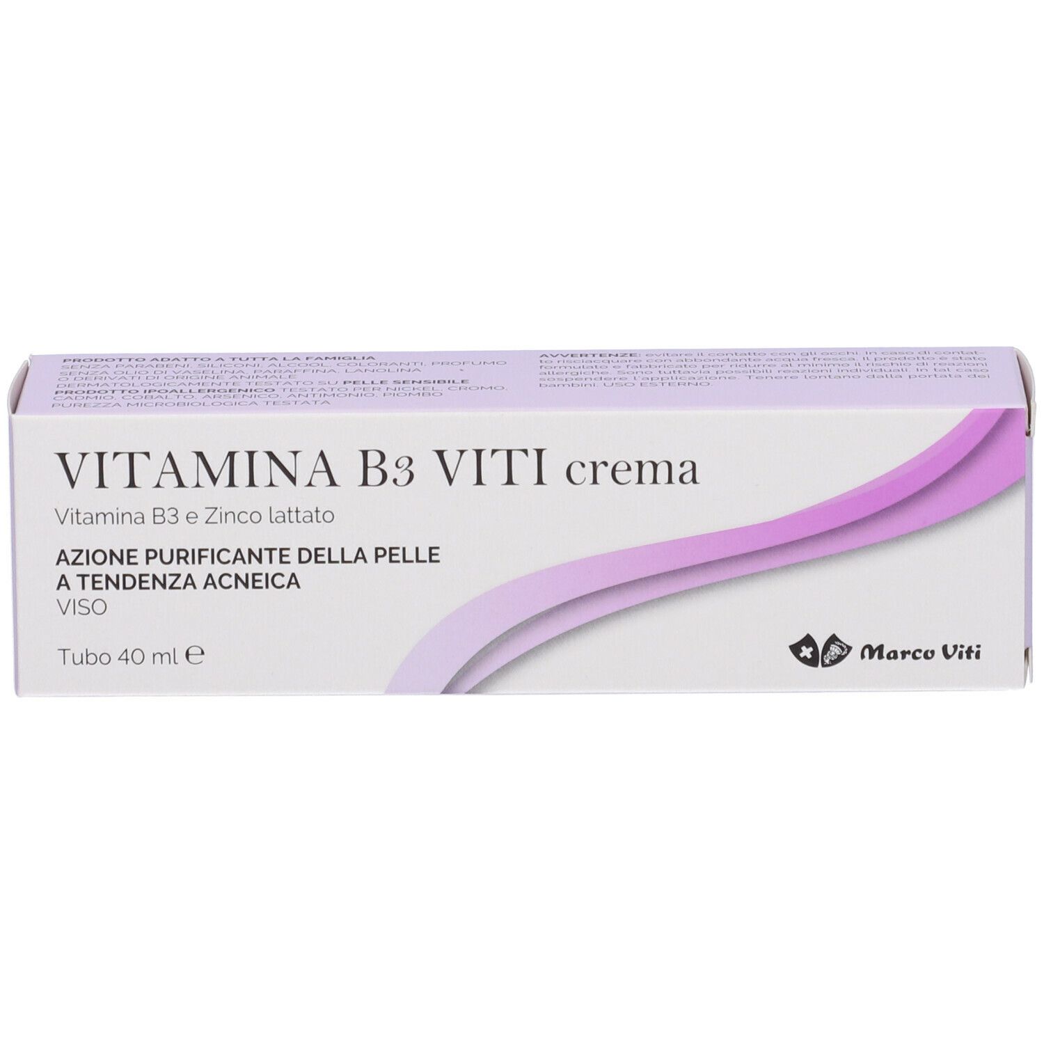 Scatola bianca con scritta viola. Nome prodotto: VITAMINA B3 VITI crema. Contiene vitamina B3 e zinco. Per il viso, contro l'acne.