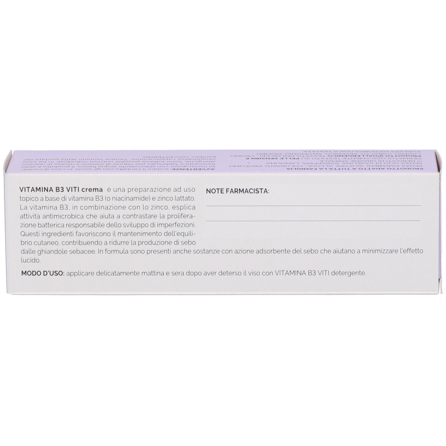 Scatola bianca, parte superiore. Testo: VITAMINA B3 VITI crema. Ingredienti: vitamina B3 e zinco. Istruzioni in italiano.