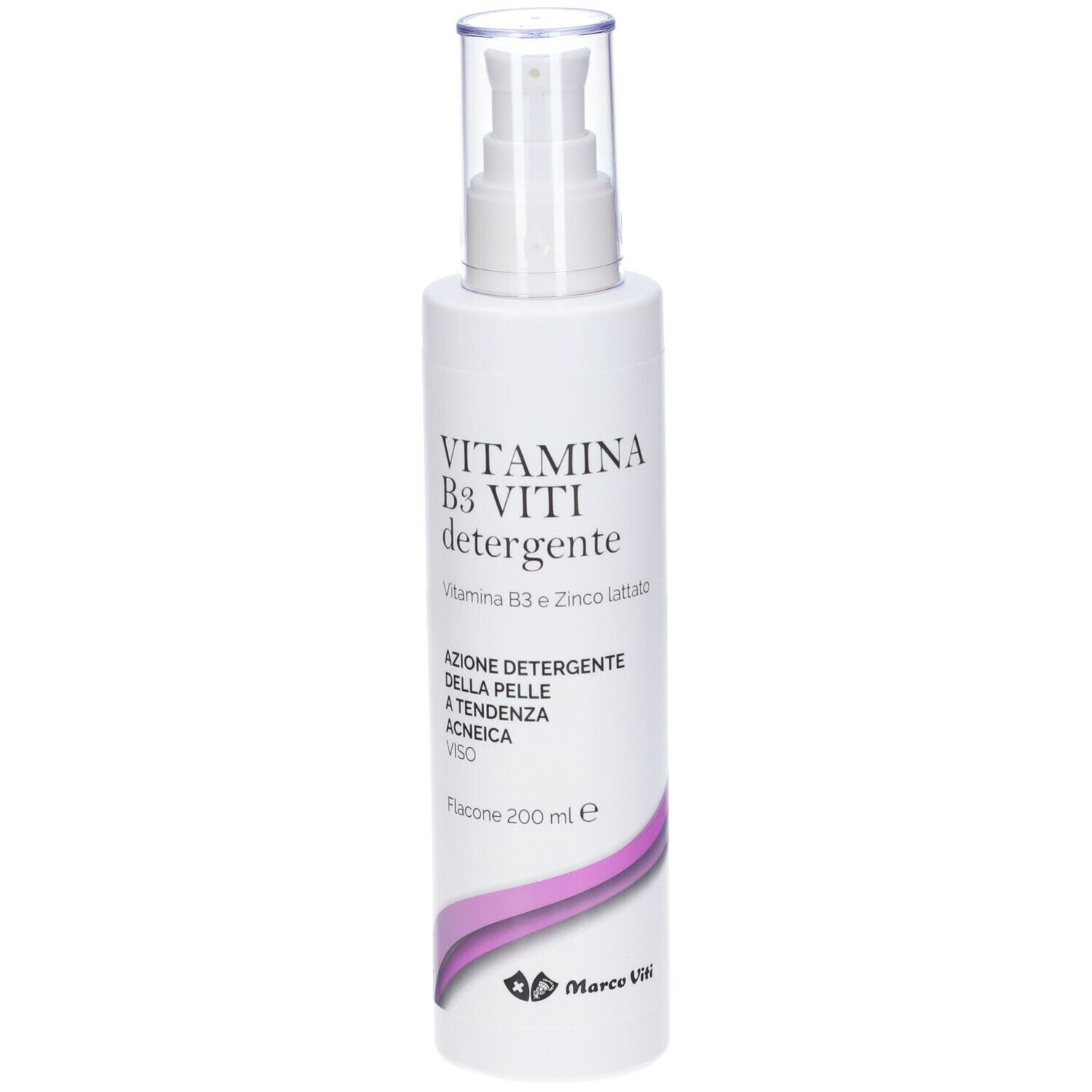 Flacone bianco con dosatore a pompa. Scritta: VITAMINA B3 VITI Detergente. Elementi di design viola. Marchio: Marco Viti.