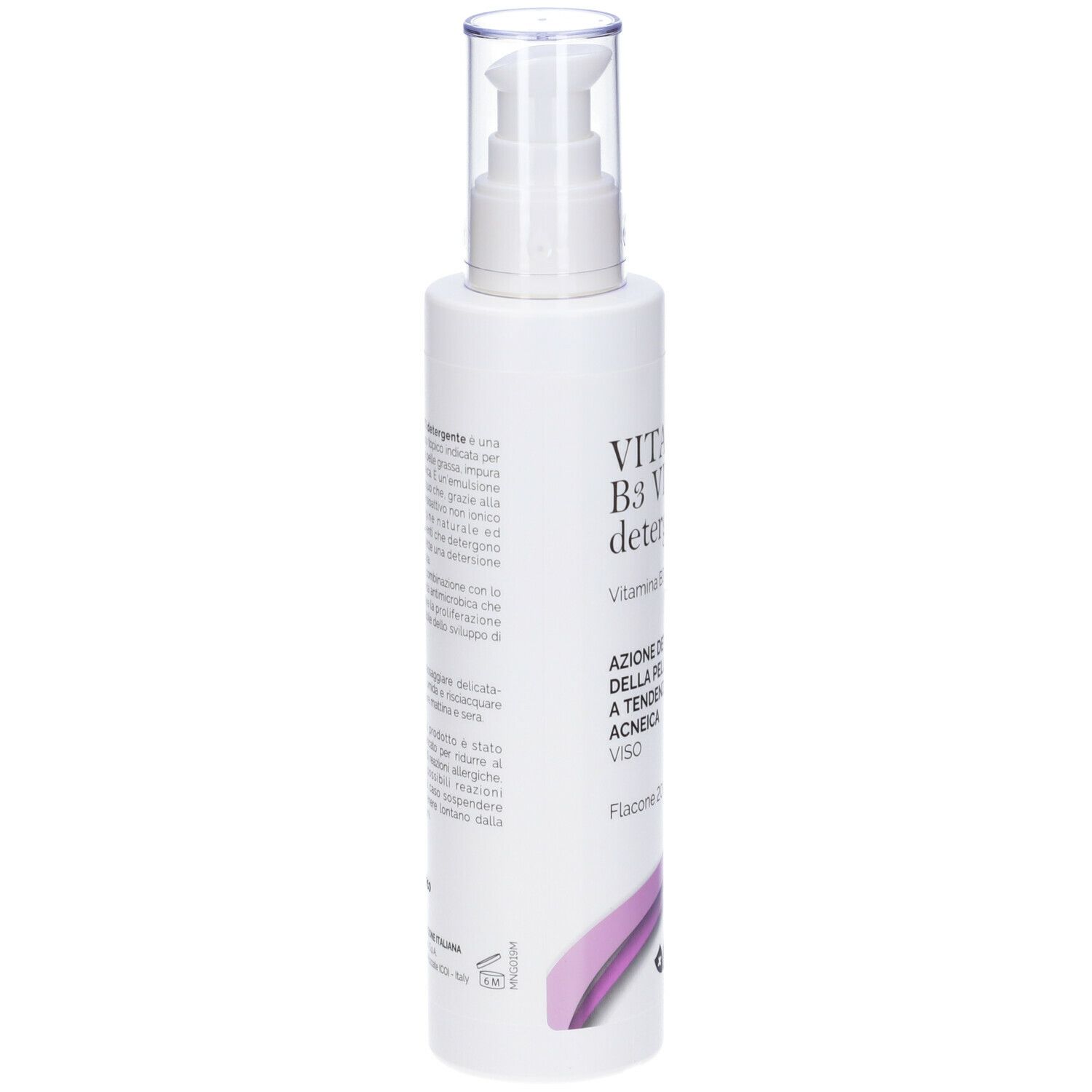 Flacone bianco con dosatore a pompa. Testo in italiano. Scritta: VITAMINA B3 VITI Detergente. Elementi viola. Marchio: Marco Viti.