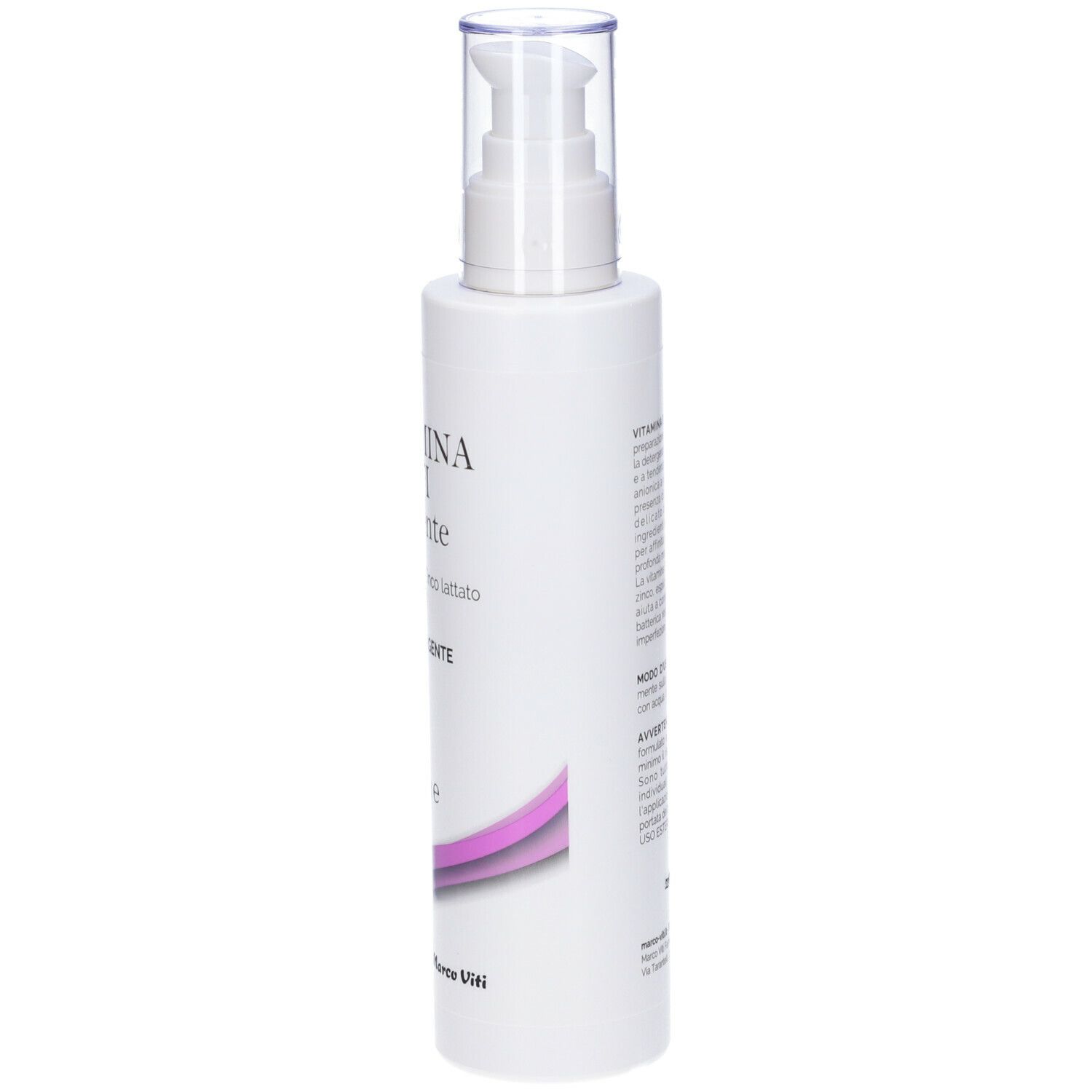 Flacone bianco con dosatore a pompa. Scritta: VITAMINA B3 VITI Detergente. Elementi viola. Marchio: Marco Viti. Vista laterale.