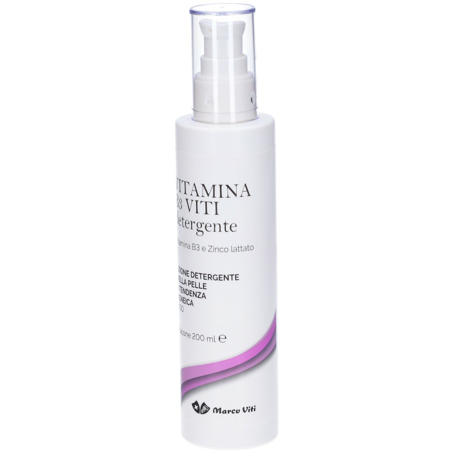 Flacone bianco con dosatore a pompa. Scritta: VITAMINA B3 VITI Detergente. Elementi viola. Marchio: Marco Viti. 200 ml.
