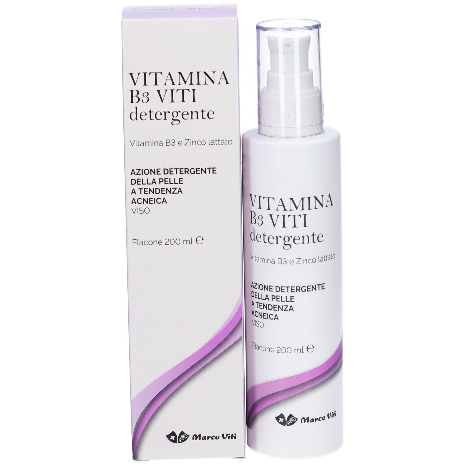 Flacone e confezione del prodotto. Scritta: VITAMINA B3 VITI Detergente. Elementi viola. Marchio: Marco Viti. 200 ml.