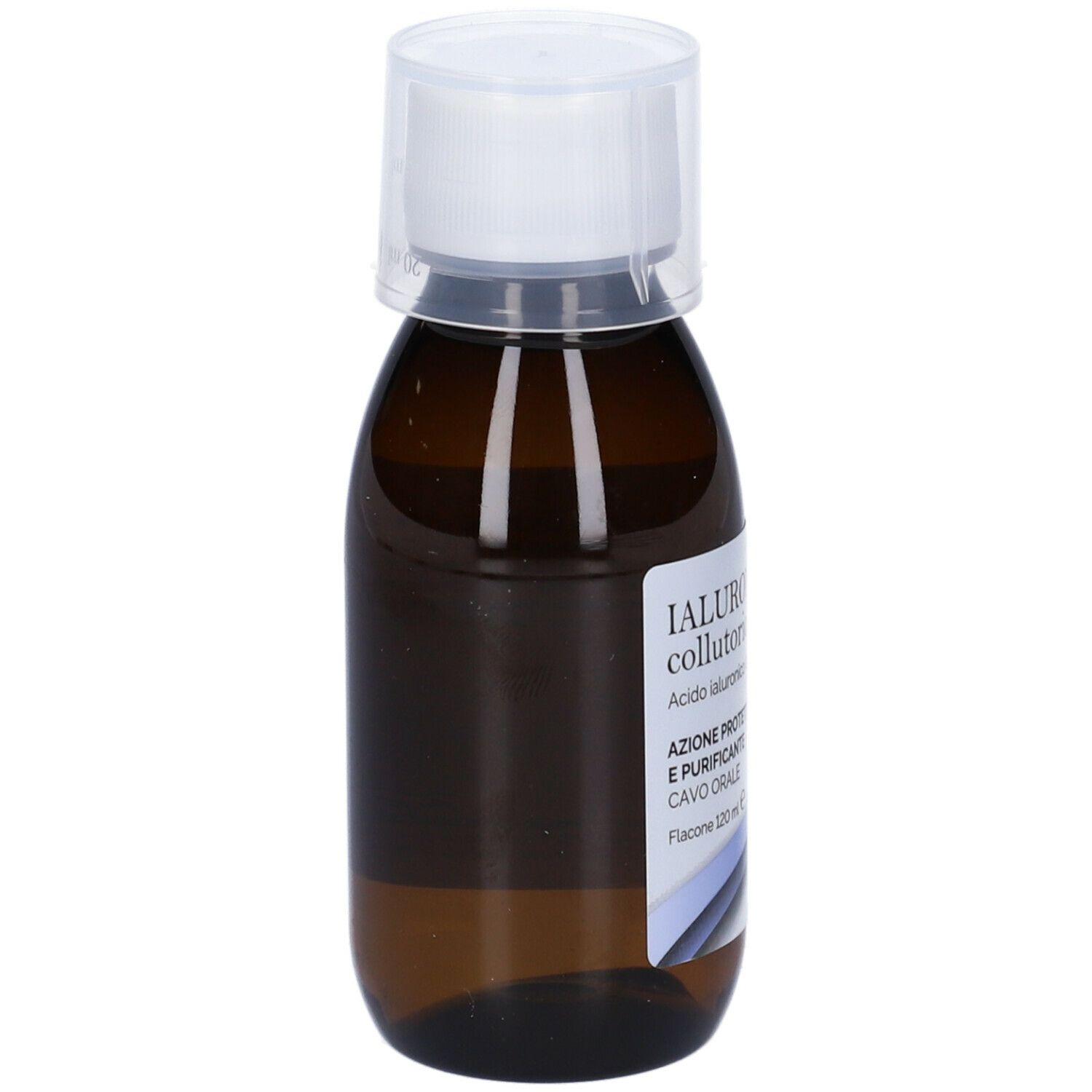 Flacone marrone con tappo bianco. Scritta: Ialuronico Viti collutorio. Contiene acido ialuronico e lattato di zinco.