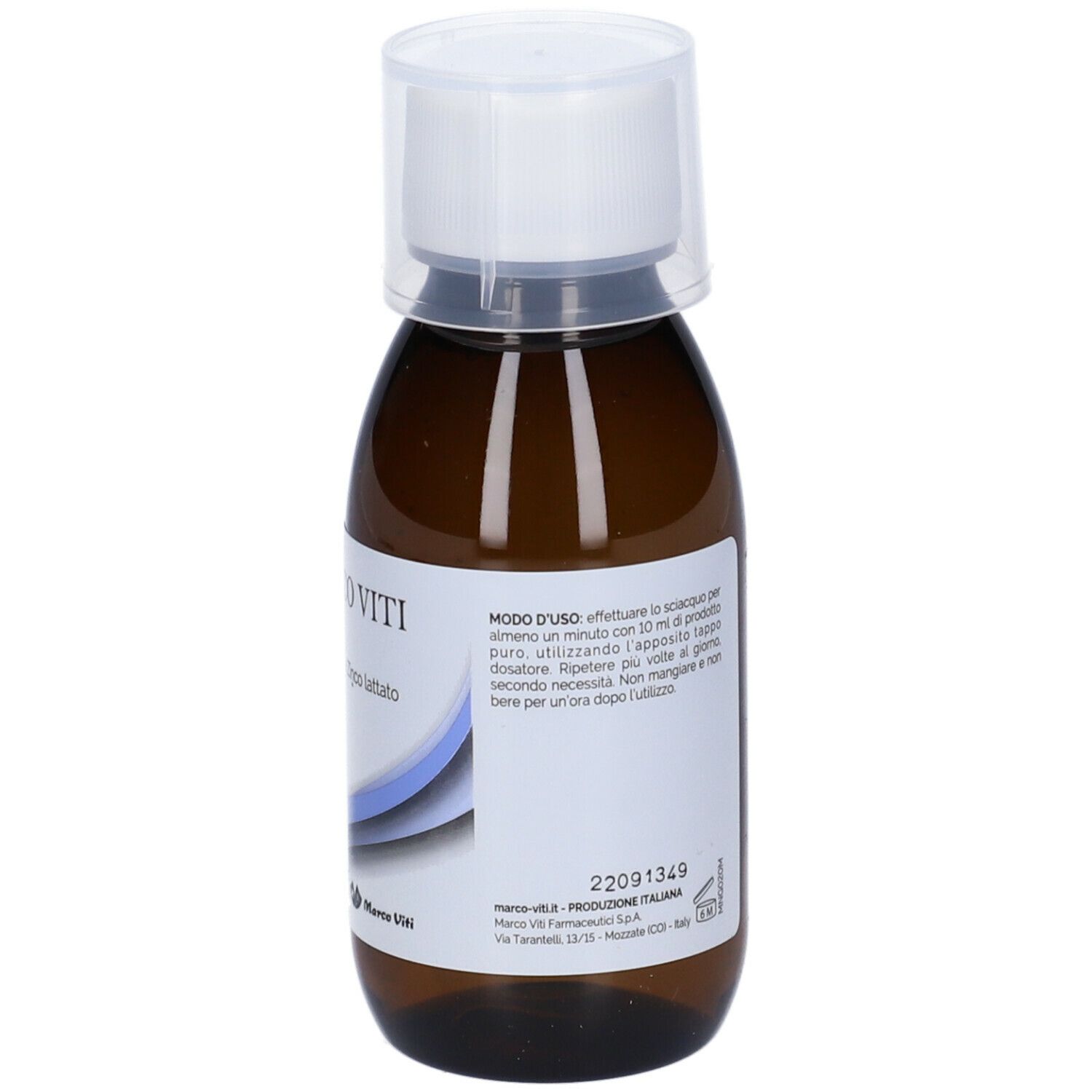 Flacone marrone con tappo bianco. Scritta: Ialuronico Viti. Etichetta con istruzioni per l'uso.