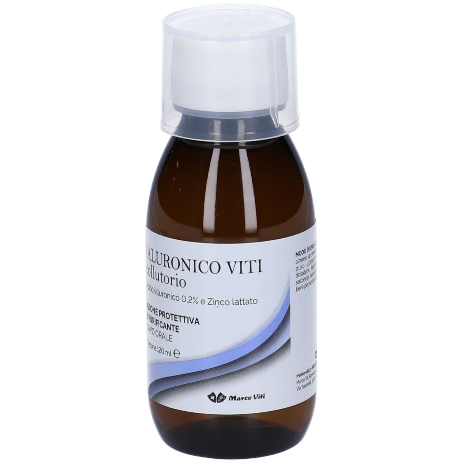 Flacone marrone con tappo bianco. Scritta: Ialuronico Viti collutorio. Contiene acido ialuronico e lattato di zinco.