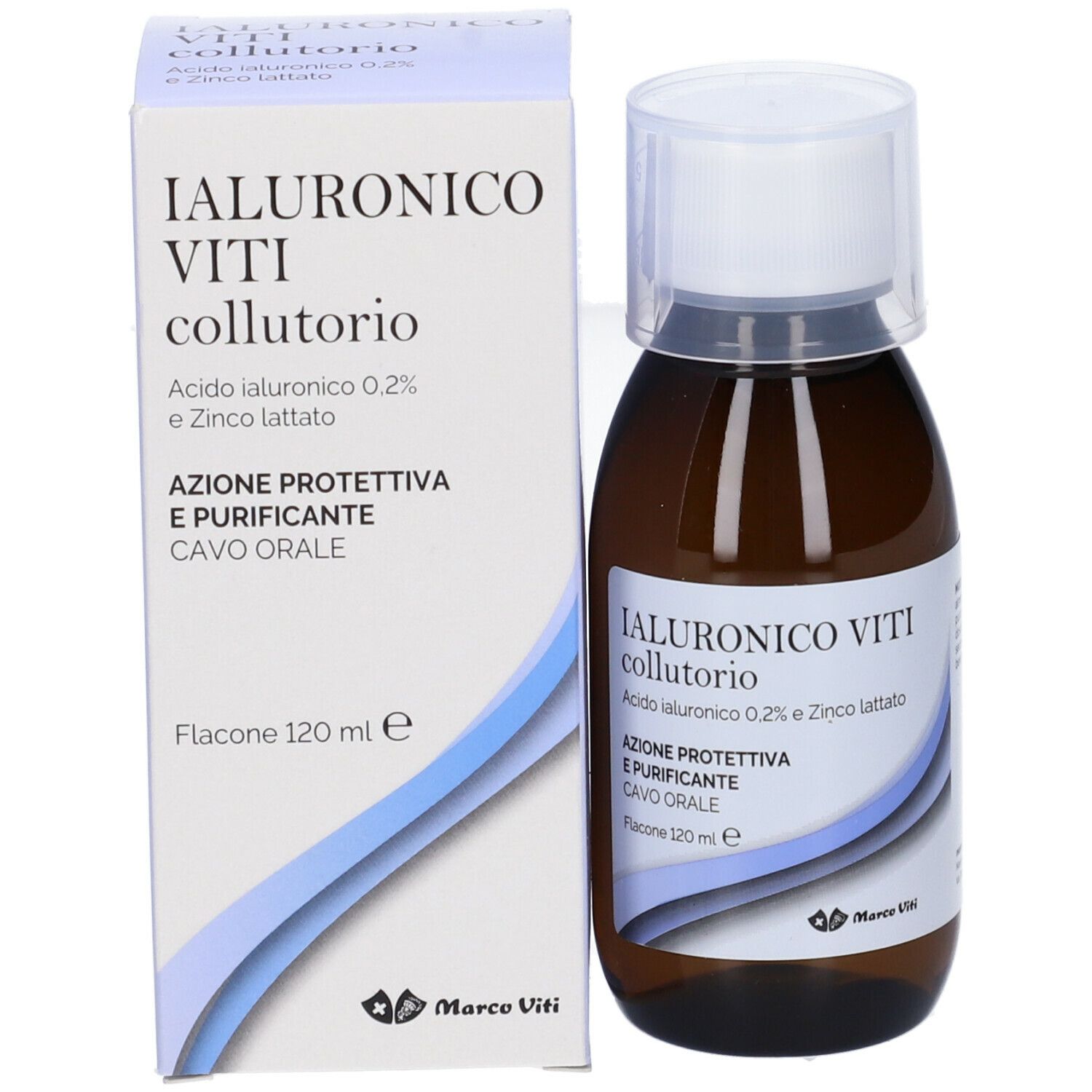 Confezione e flacone. Scritta: Ialuronico Viti collutorio. Contiene acido ialuronico e lattato di zinco.