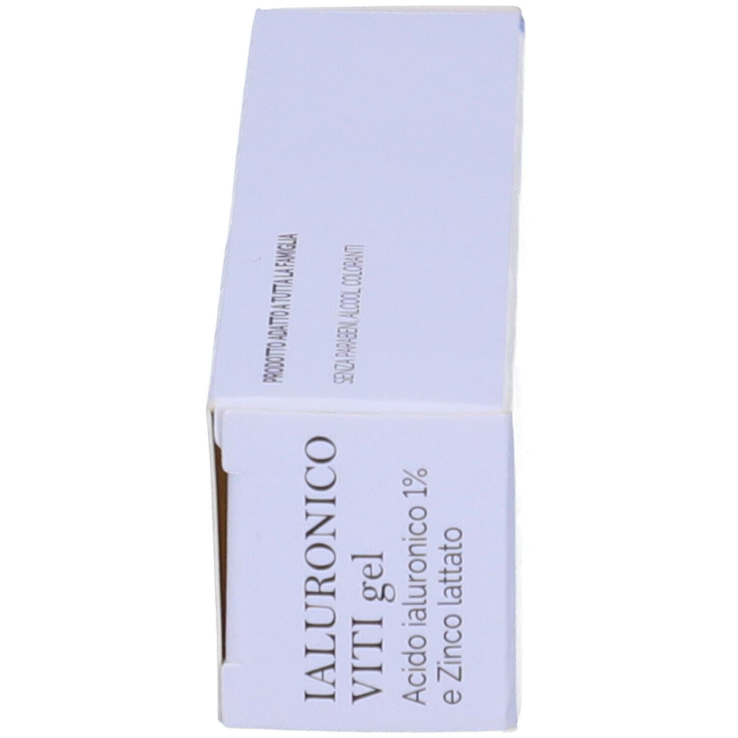 Confezione del prodotto, vista laterale. Scritta: IALURONICO VITI gel, acido ialuronico e zinco.