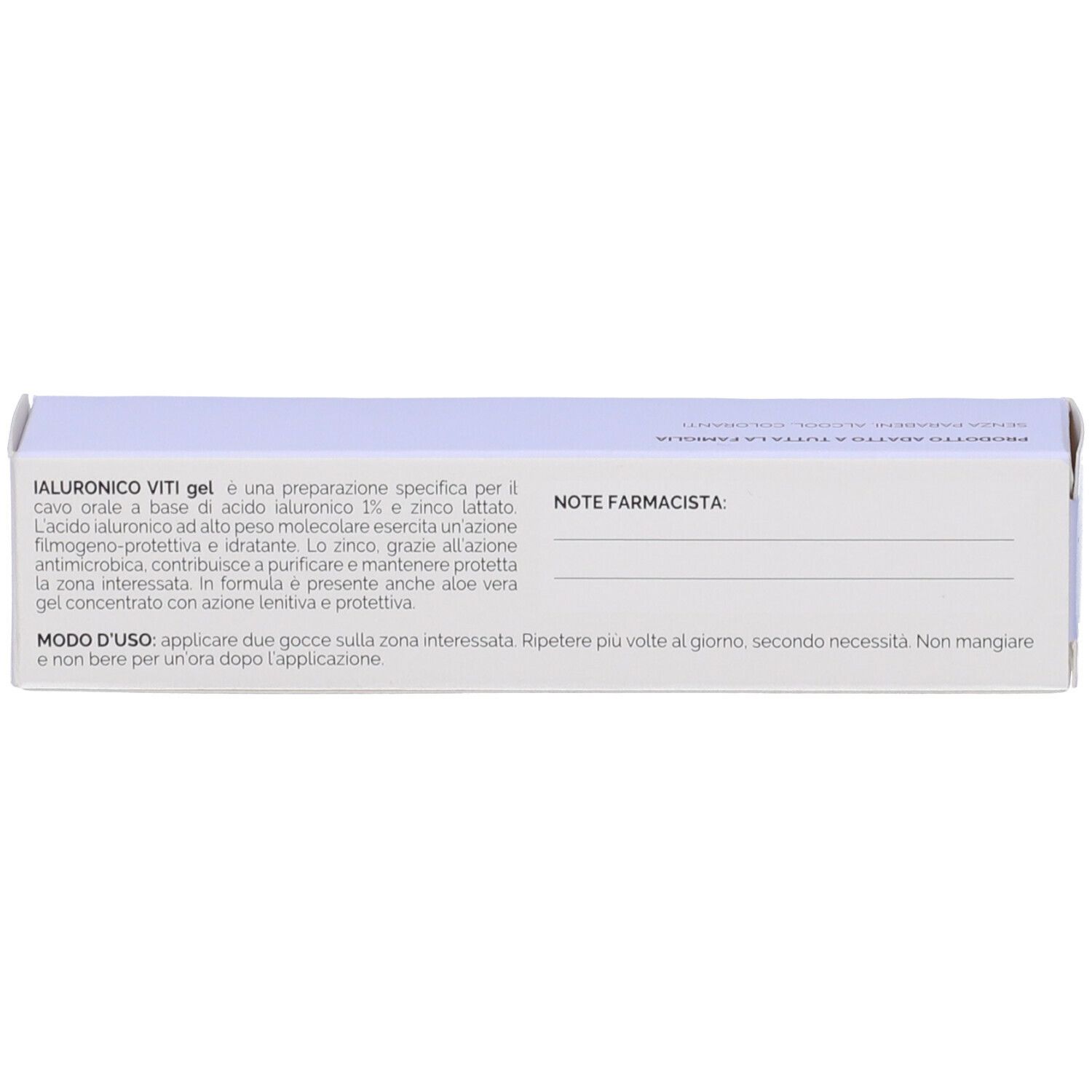 Confezione del prodotto, retro. Testo: IALURONICO VITI gel, ingredienti, istruzioni per l'uso e nota del farmacista.