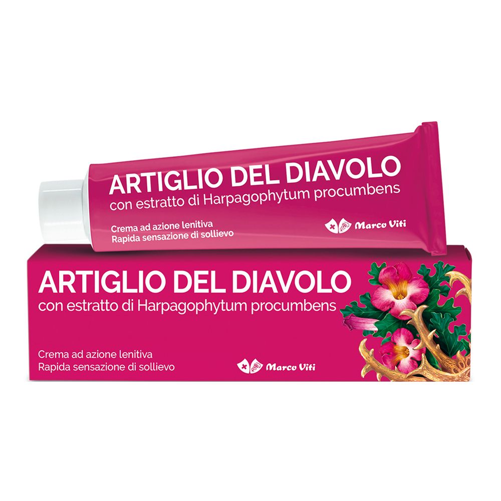 Tubo e scatola rosa con testo 'Artiglio del Diavolo'. Marchio Marco Viti. Illustrazioni floreali.