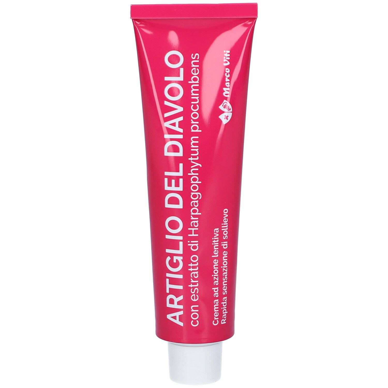 Tubo rosa con tappo bianco. Testo 'Artiglio del Diavolo' e 'Marco Viti'.