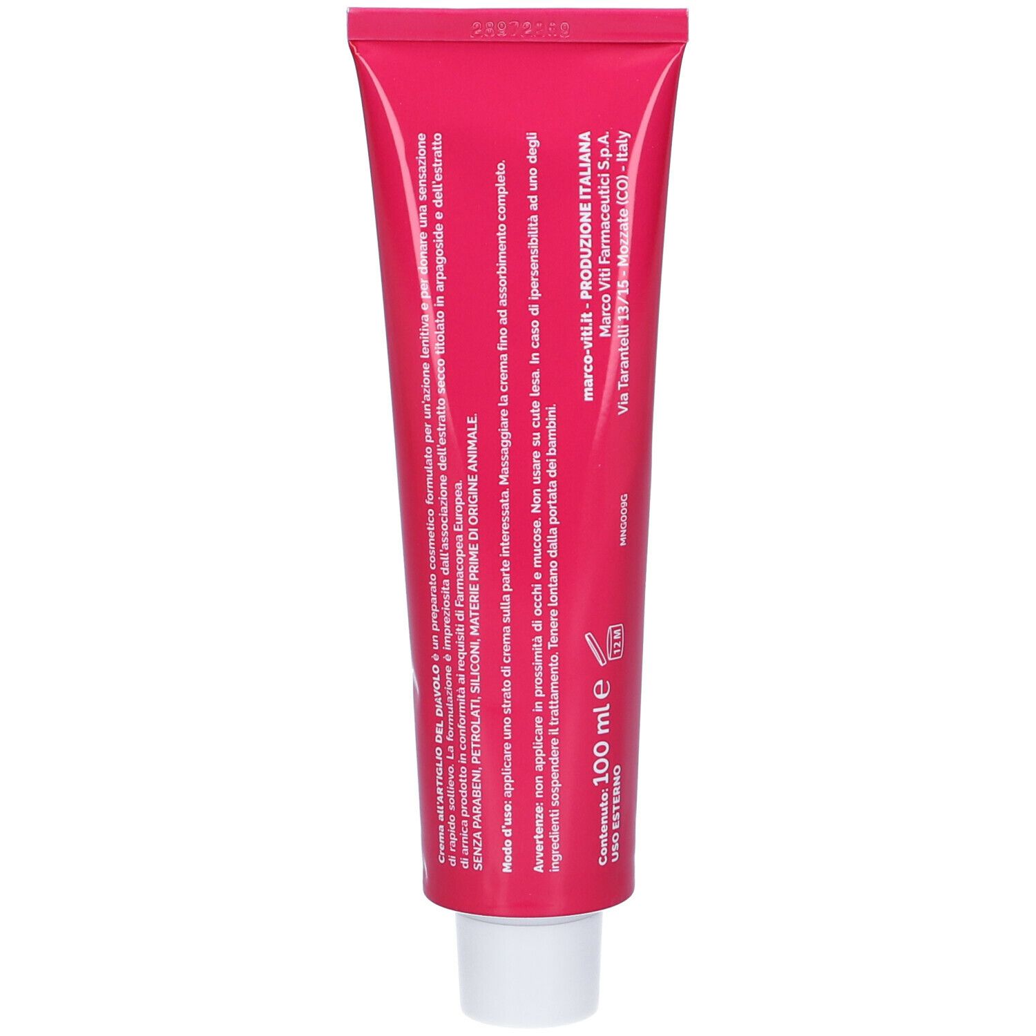 Retro di un tubo rosa. Testo in italiano. Marchio Marco Viti. Volume 100 ml.