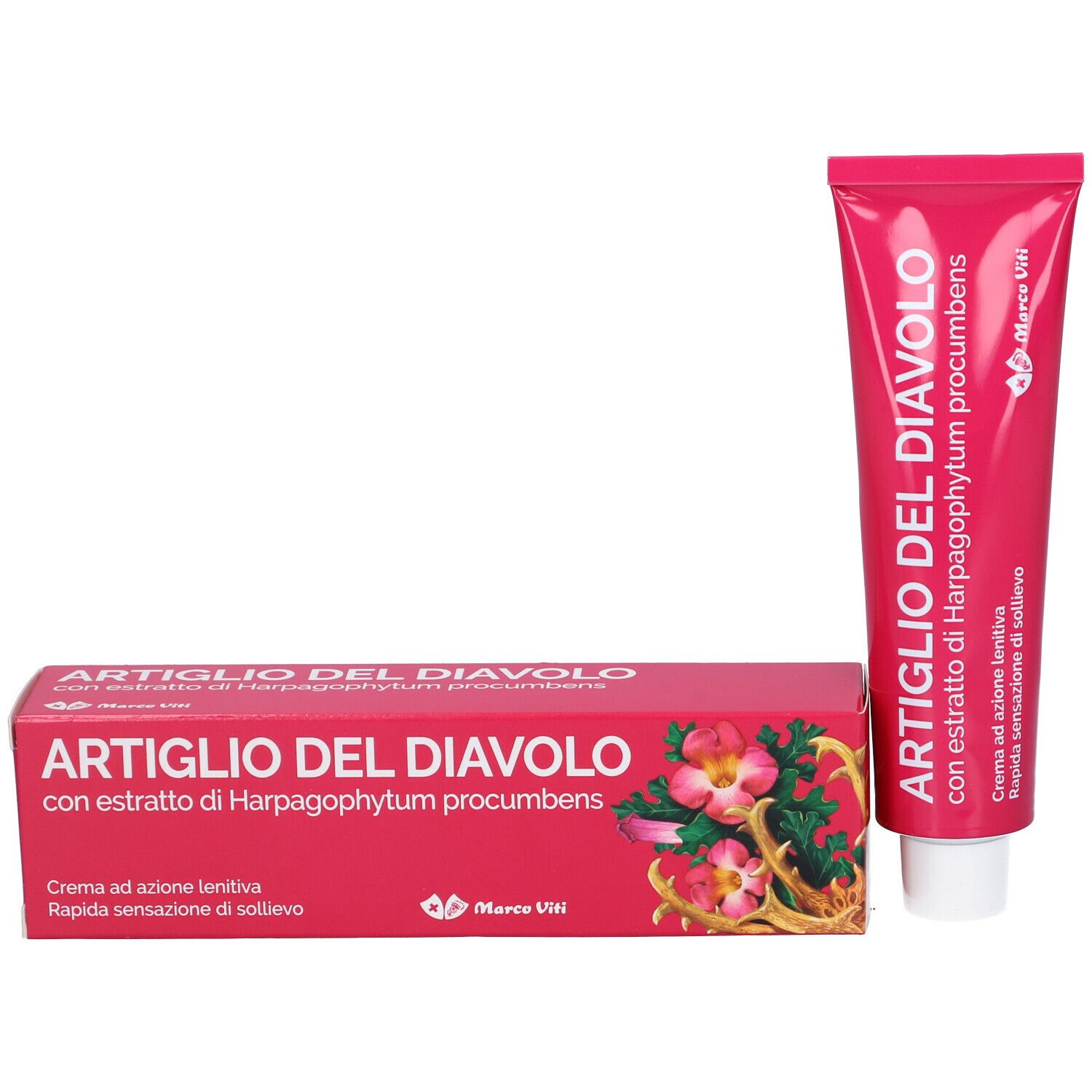 Tubo e scatola rosa. Testo 'Artiglio del Diavolo'. Marchio Marco Viti. Illustrazioni floreali.