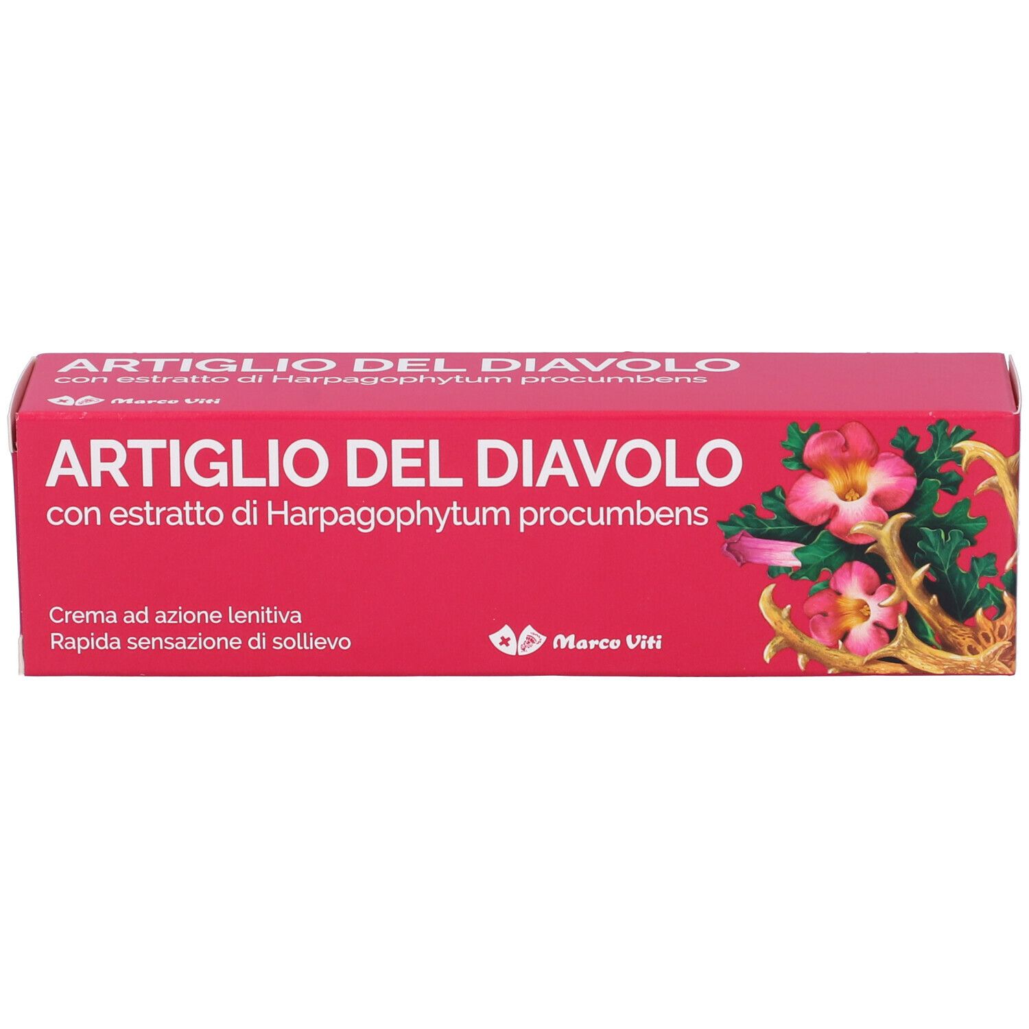 Scatola rosa con testo 'Artiglio del Diavolo'. Marchio Marco Viti. Illustrazioni floreali.