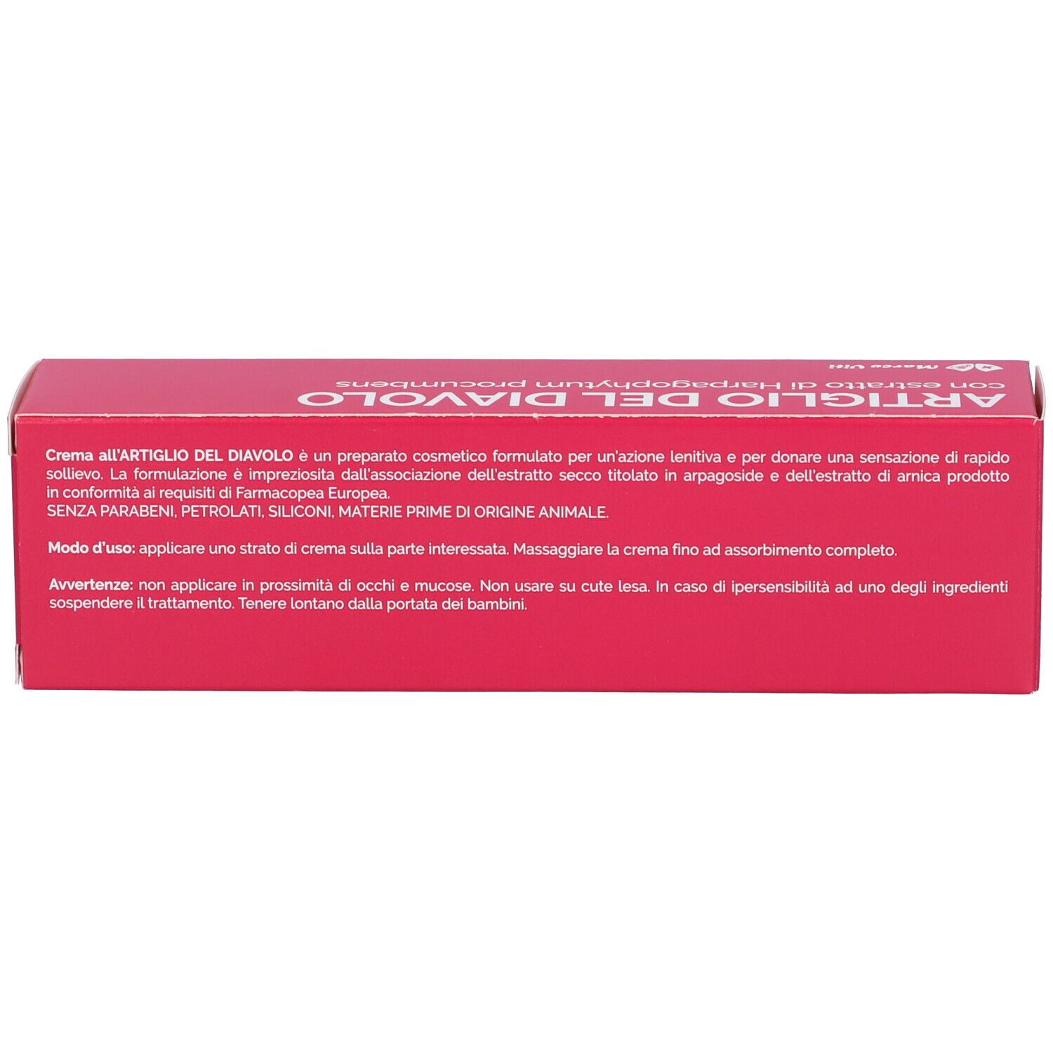 Retro di una scatola rosa. Testo in italiano. Marchio Marco Viti.