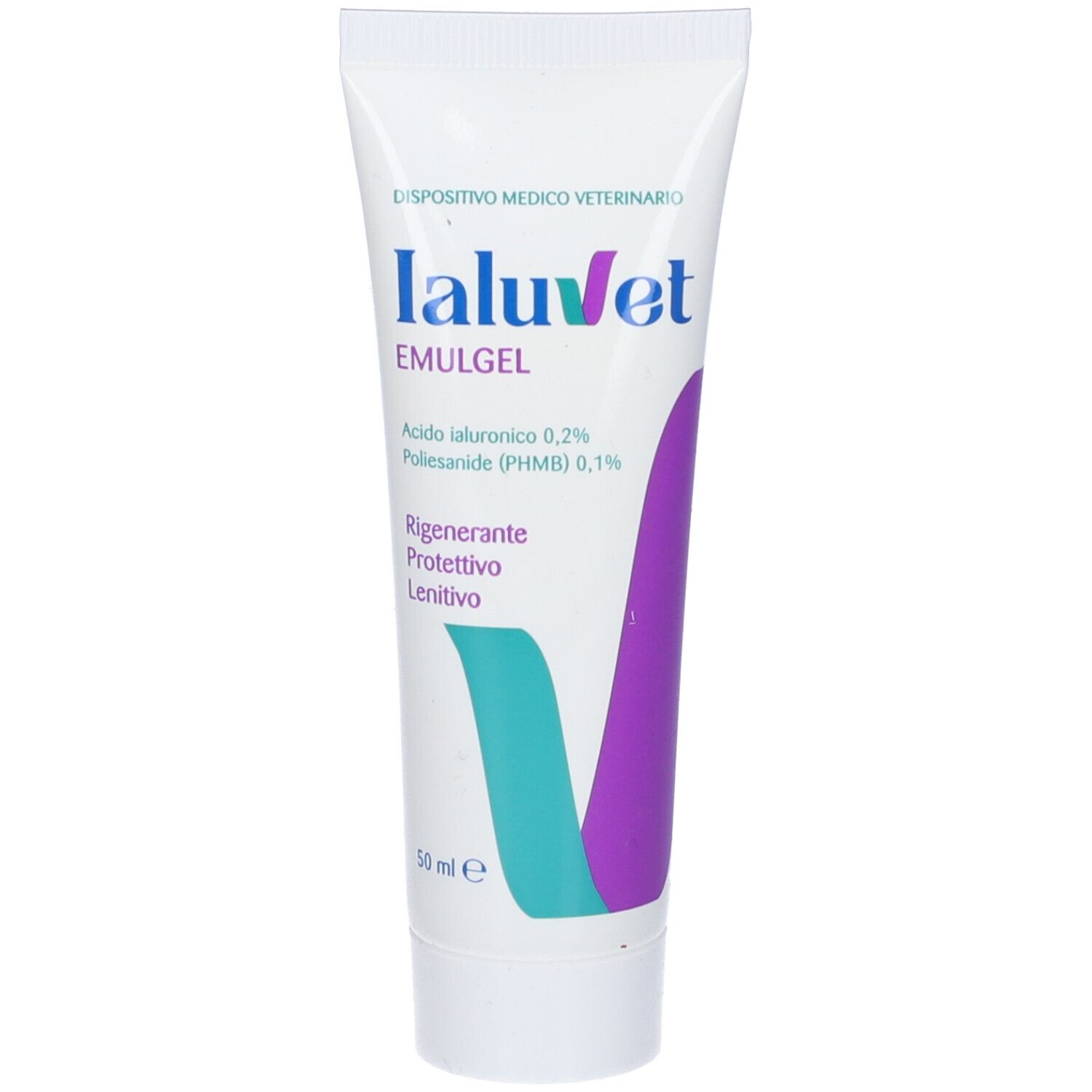 Tubo Ialuvet Emulgel. Bianco con grafica blu-viola. Contiene testo. 50 ml.