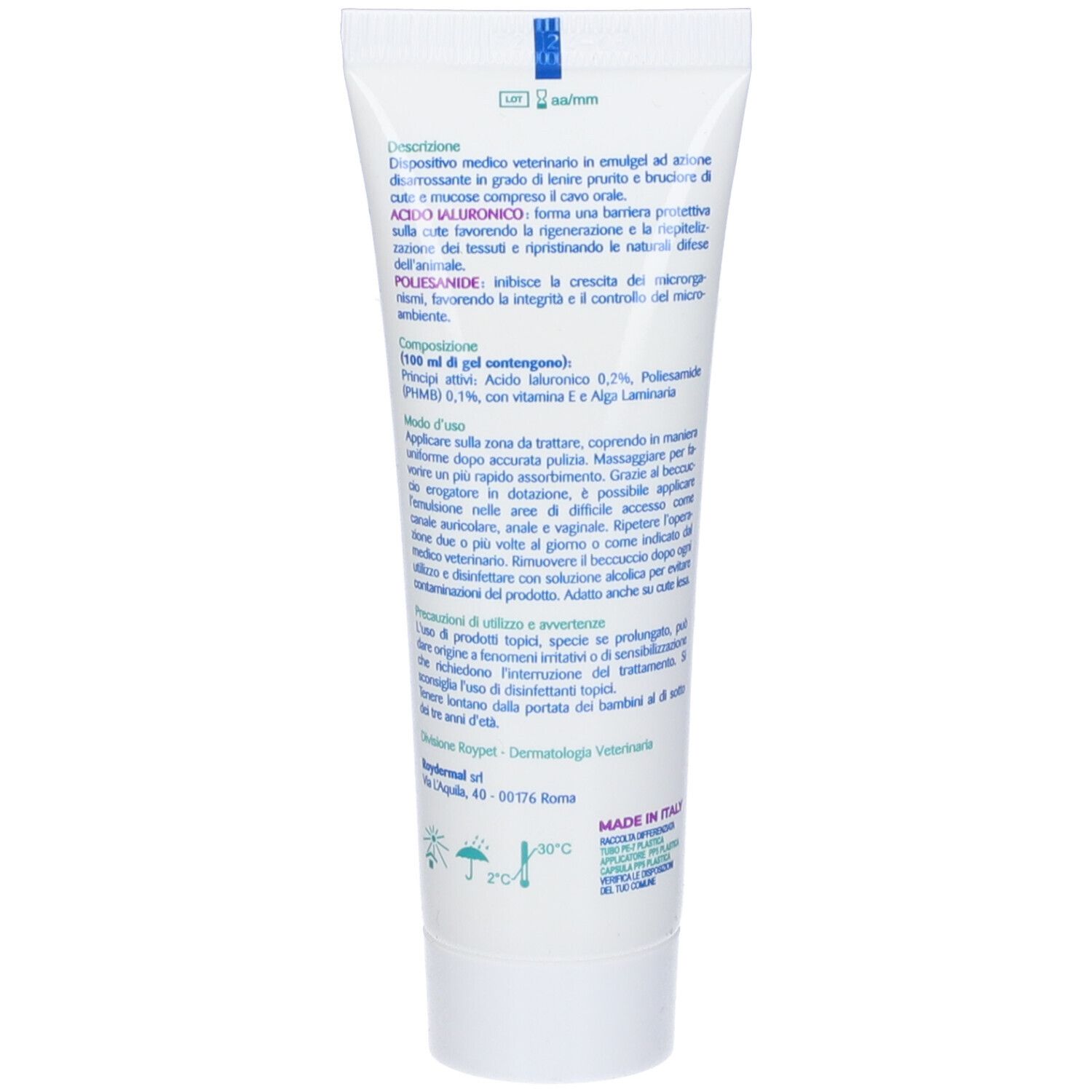 Retro del tubo Ialuvet Emulgel. Contiene testo. Prodotto in Italia.