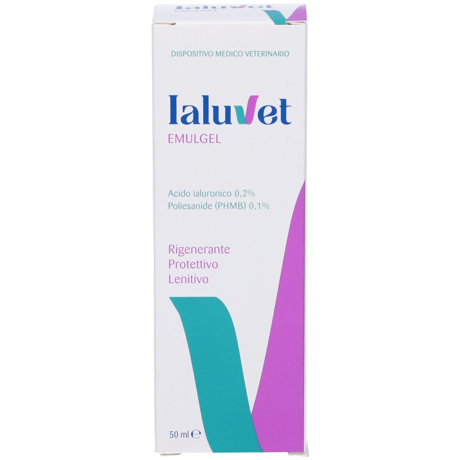 Confezione bianca con logo Ialuvet Emulgel. Testo e grafica colorata. 50 ml.