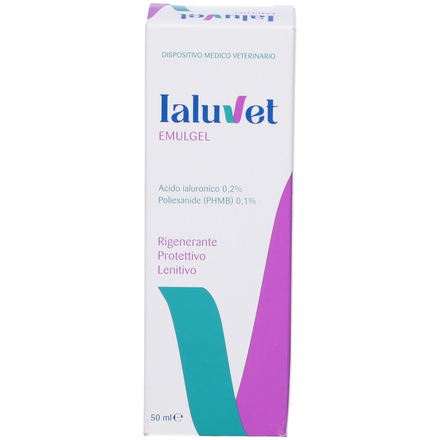 Confezione bianca con logo Ialuvet Emulgel. Testo e grafica colorata. 50 ml.