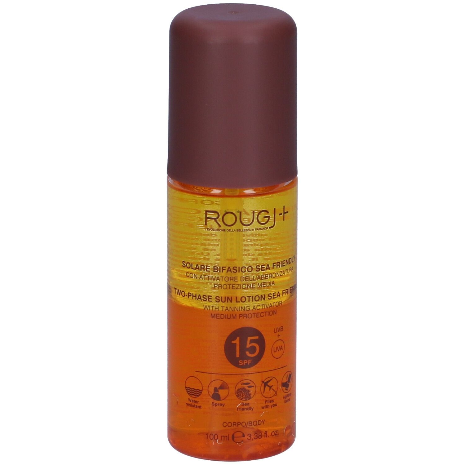 Flacone di lozione solare, tappo marrone. Scritta: ROUGJ+, SPF 15, Solare Bifasico Sea Friendly.