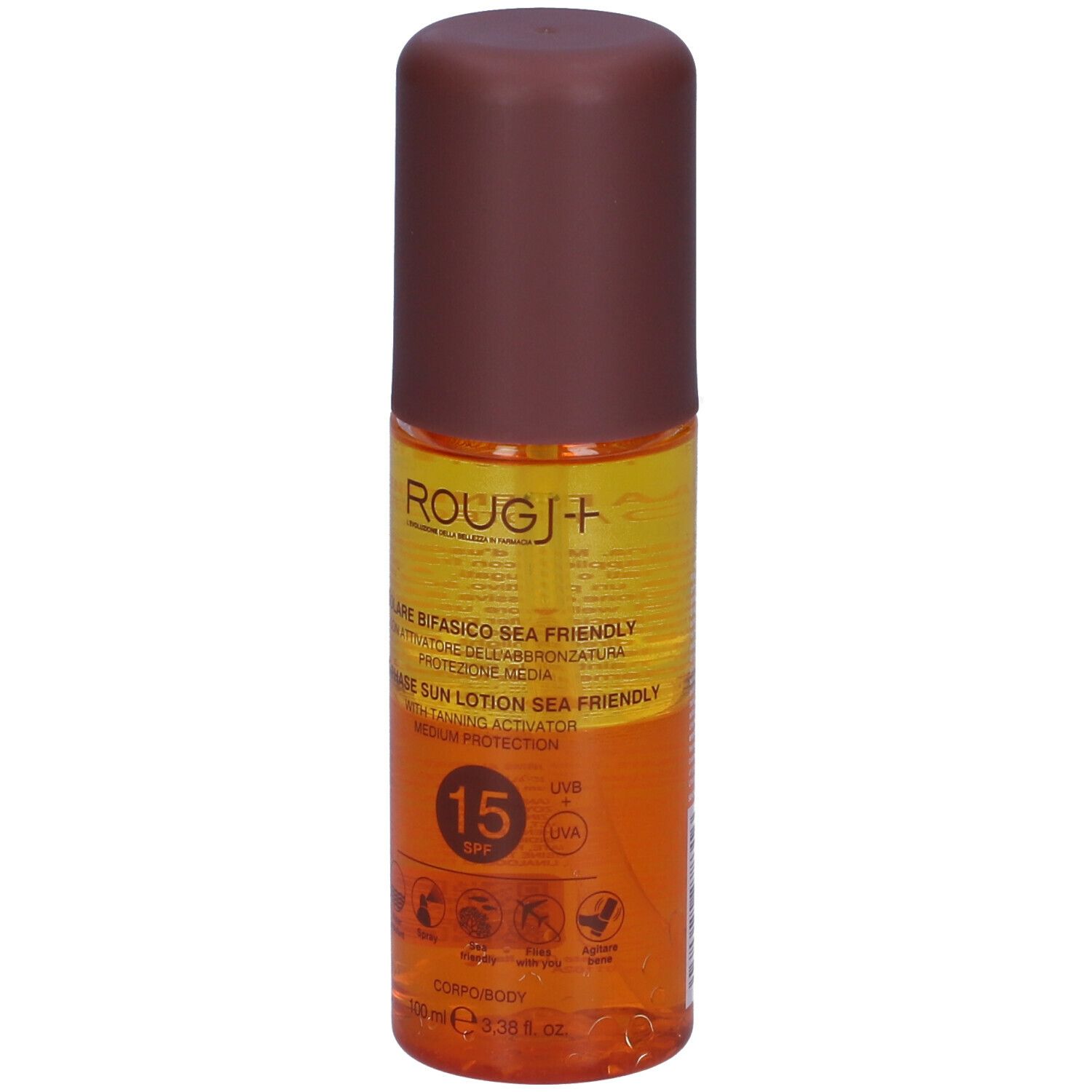 Flacone di lozione solare, tappo marrone. Scritta: ROUGJ+, SPF 15, Solare Bifasico Sea Friendly.