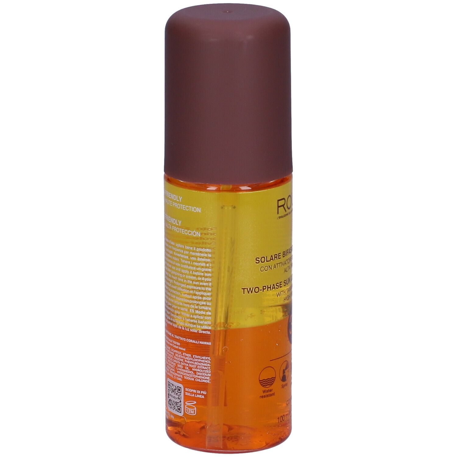 Bottiglia di lozione solare, retro. Testo: Solare Bifasico, Two-Phase Sun Lotion. Tappo marrone, liquido giallo e marrone.