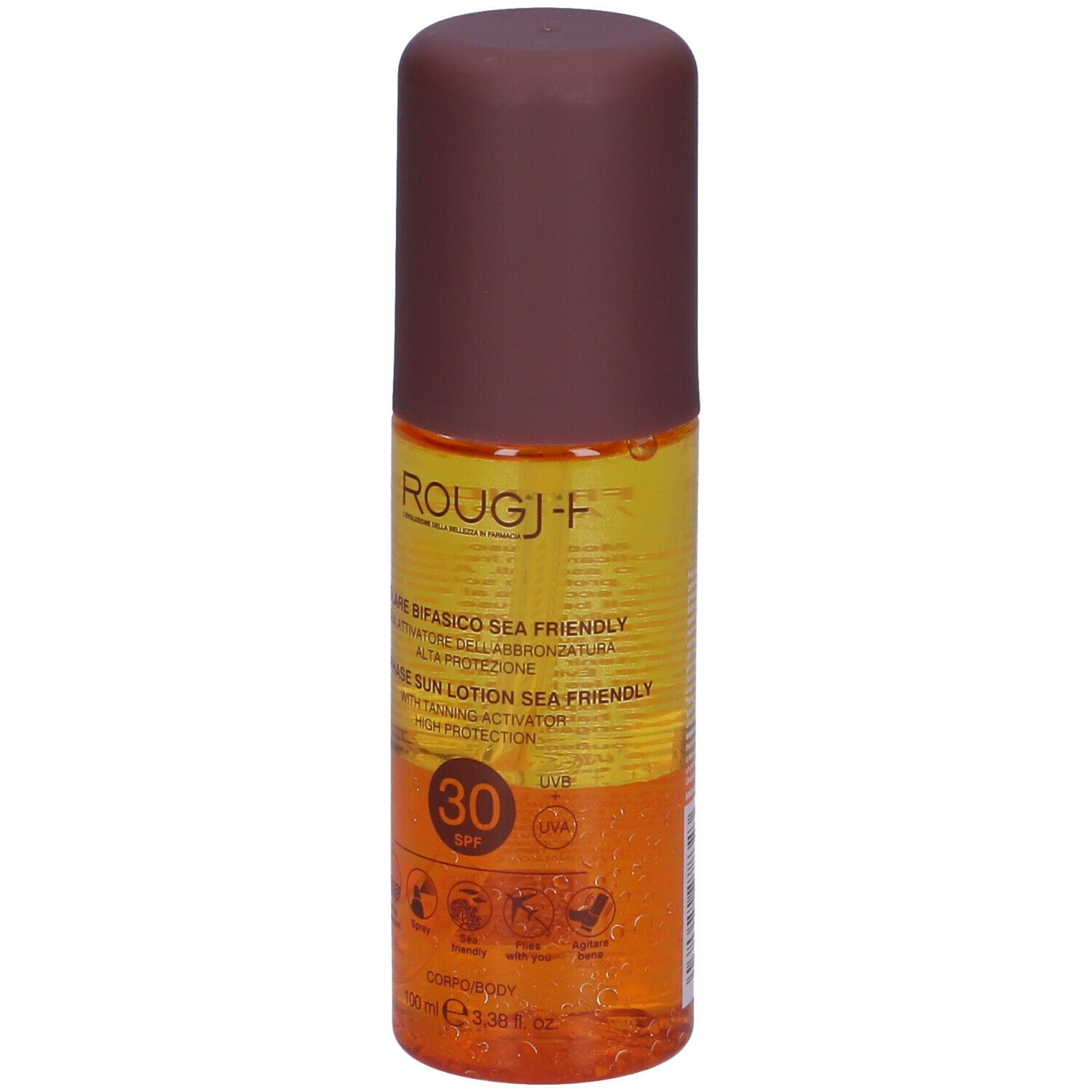 Bottiglia di lozione solare, lato anteriore. Testo: ROUGJ+, Solare Bifasico SPF30. Tappo marrone, liquido giallo e marrone.