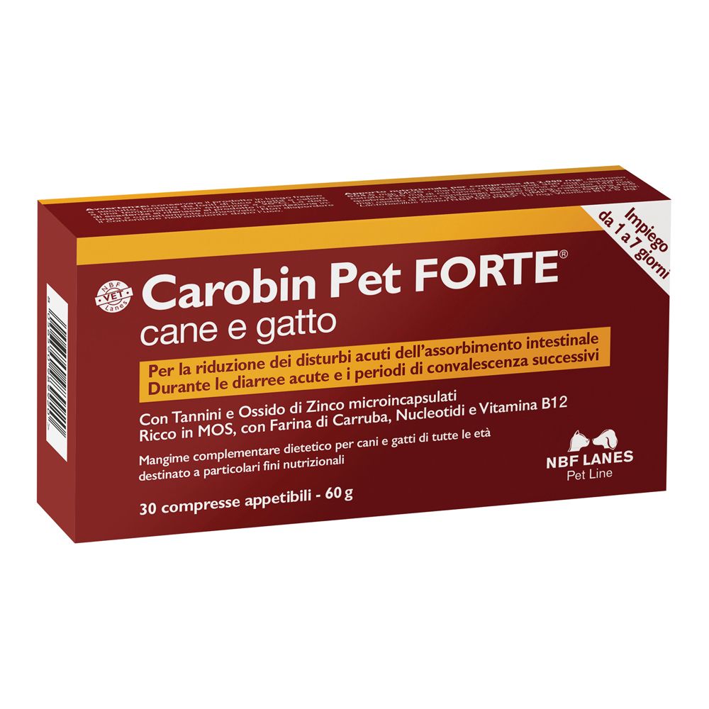 Scatola rossa Carobin Pet Forte. Testo italiano. Contiene 30 compresse. Per cani e gatti.