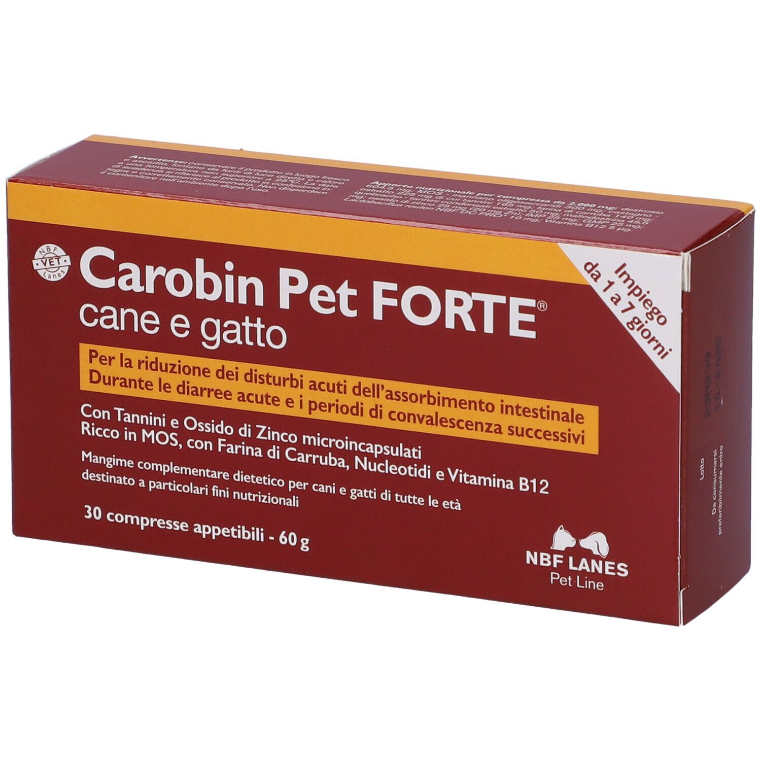 Scatola rossa Carobin Pet Forte. Testo italiano. 30 compresse. Logo NBF Lanes Pet Line.