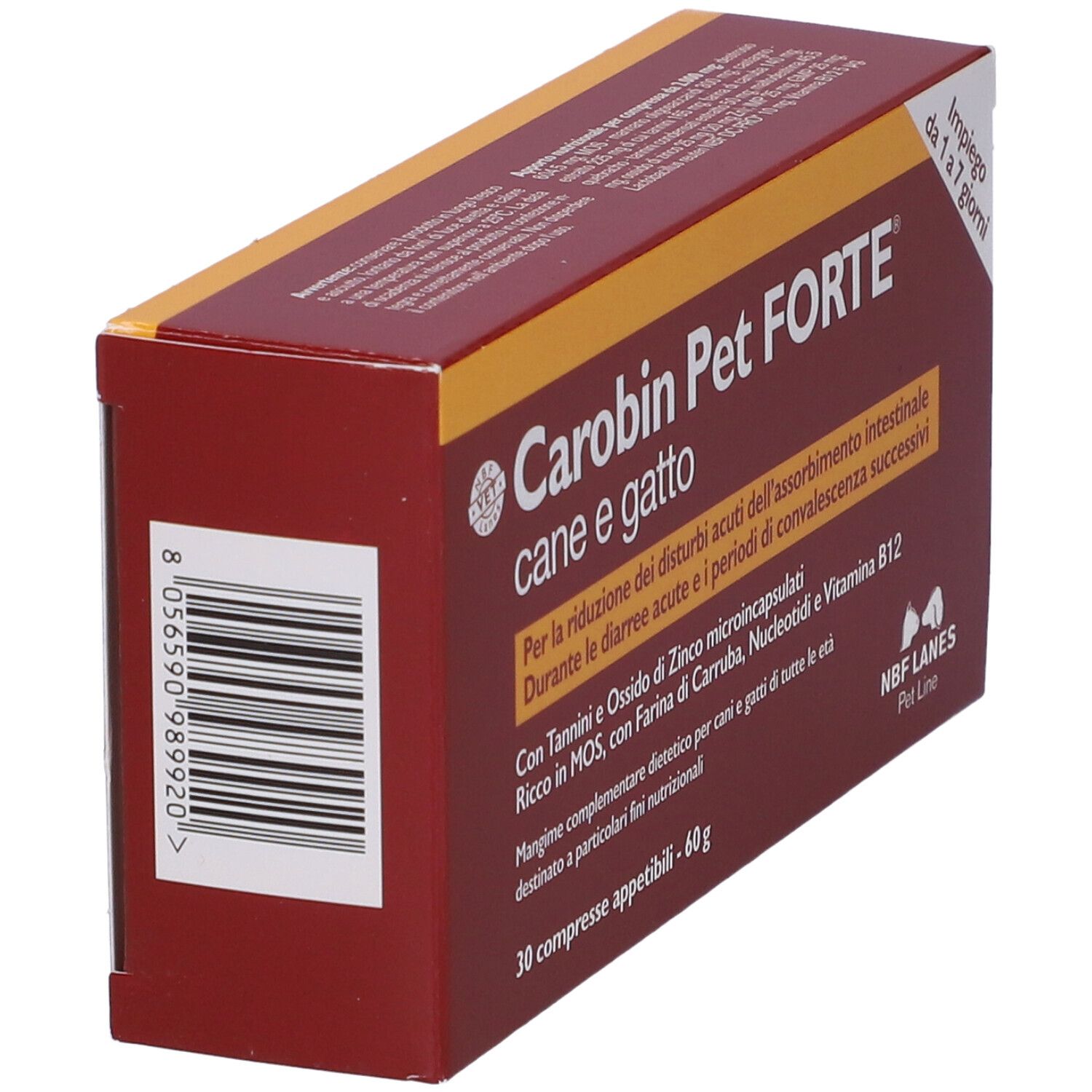 Scatola rossa Carobin Pet Forte. Testo italiano. 30 compresse. Vista laterale.