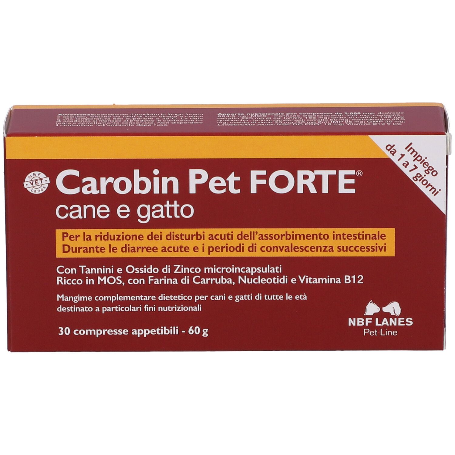 Scatola rossa Carobin Pet Forte. Testo italiano. 30 compresse. Logo NBF Lanes Pet Line.