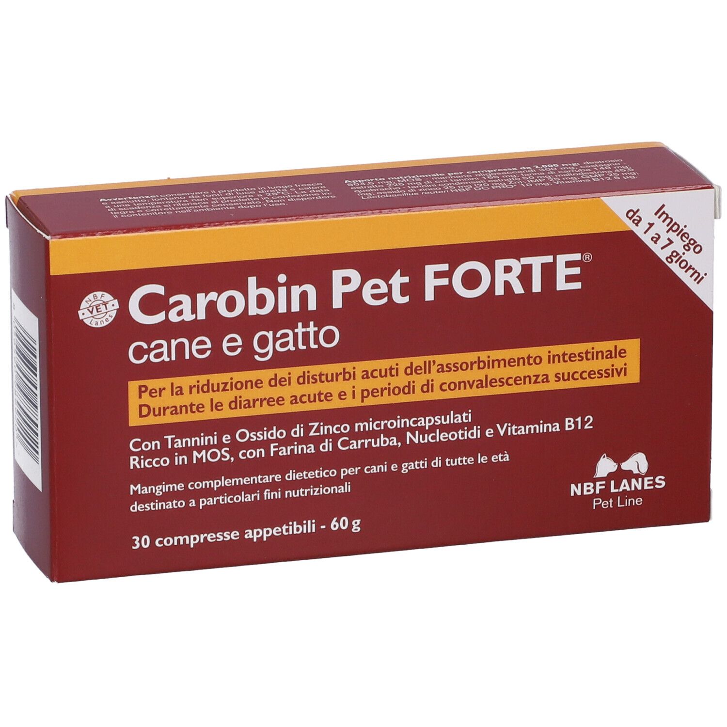 Scatola rossa Carobin Pet Forte. Testo italiano. 30 compresse. Logo NBF Lanes Pet Line.