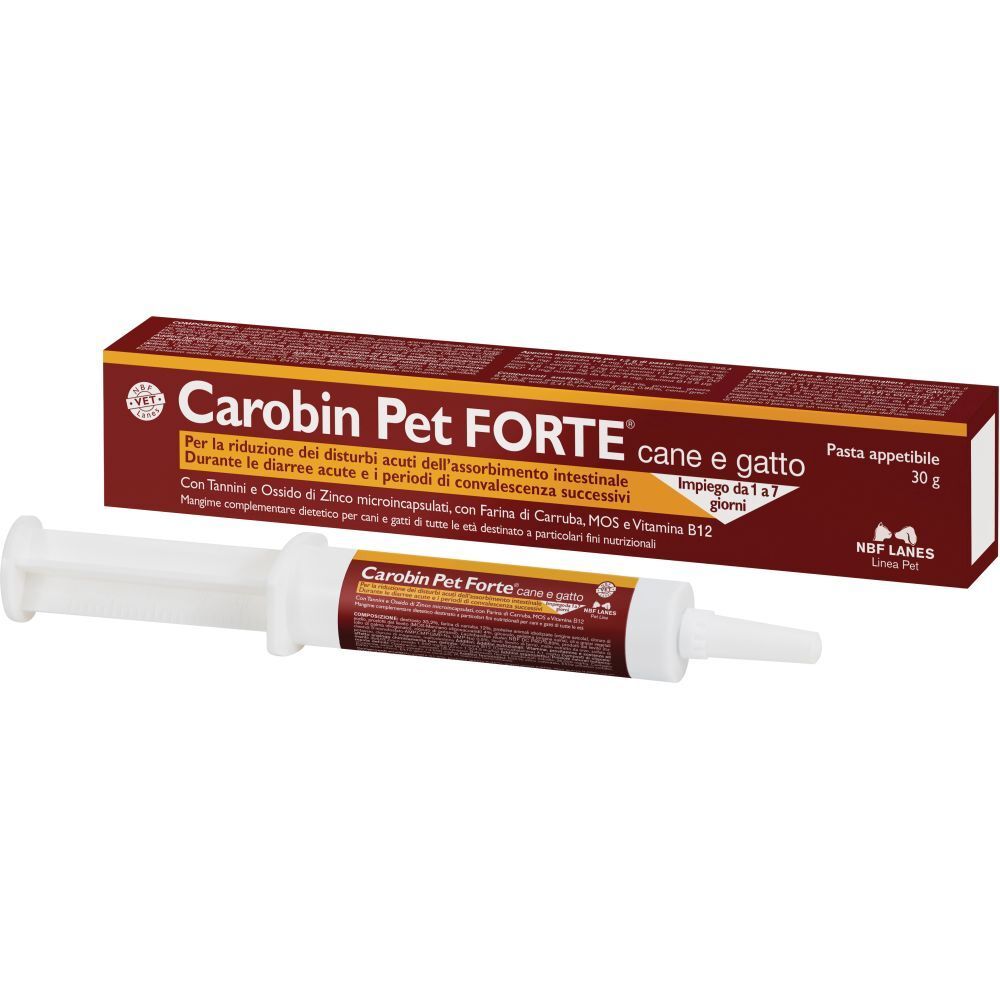 Carobin Pet Forte Pasta, tubo e confezione. Confezione marrone con nome e testo del prodotto. Tubo bianco con nome del prodotto.