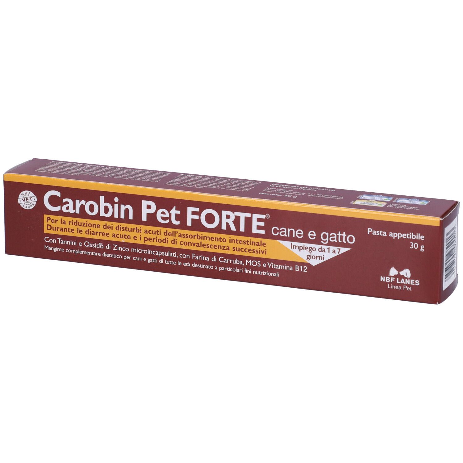 Carobin Pet Forte Pasta, confezione marrone. Nome e testo del prodotto sulla confezione. 30g. Per cani e gatti.