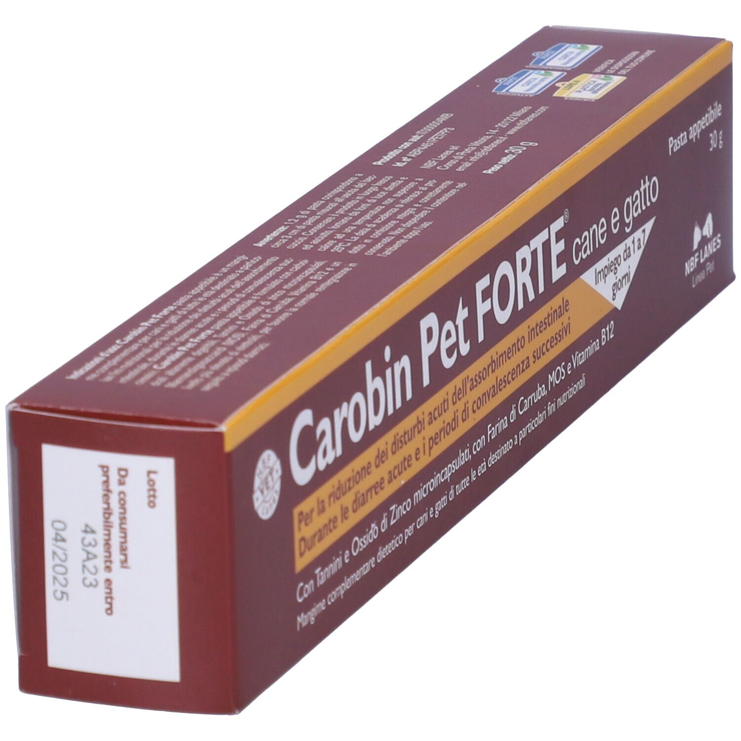 Carobin Pet Forte Pasta, confezione marrone. Nome e testo del prodotto sulla confezione. 30g. Per cani e gatti. Data di scadenza.